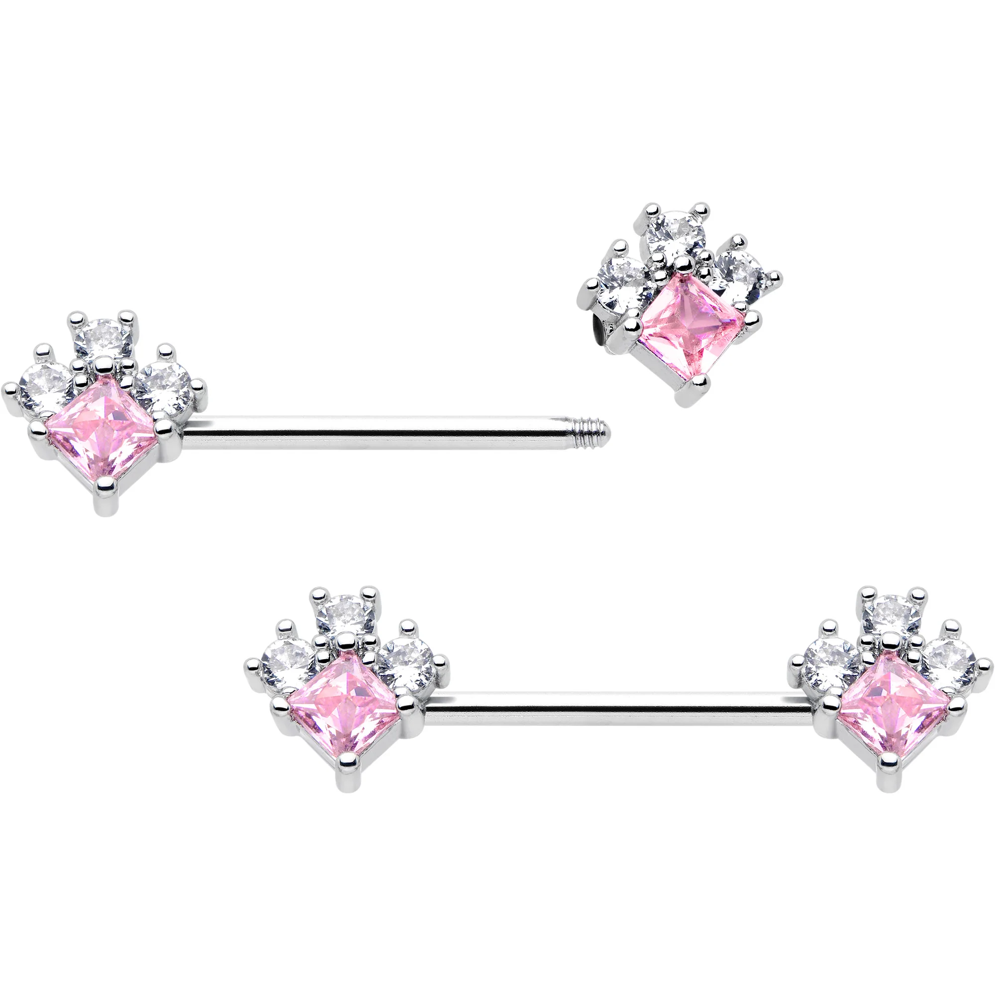14G 9/16 Pink Clear CZ Gem Rhombus Riot Barbell Nipple Ring Set - Image 2