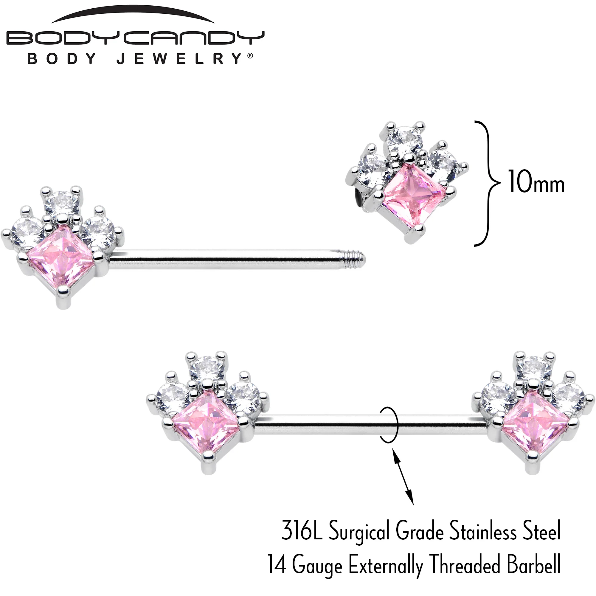 14G 9/16 Pink Clear CZ Gem Rhombus Riot Barbell Nipple Ring Set - Image 3