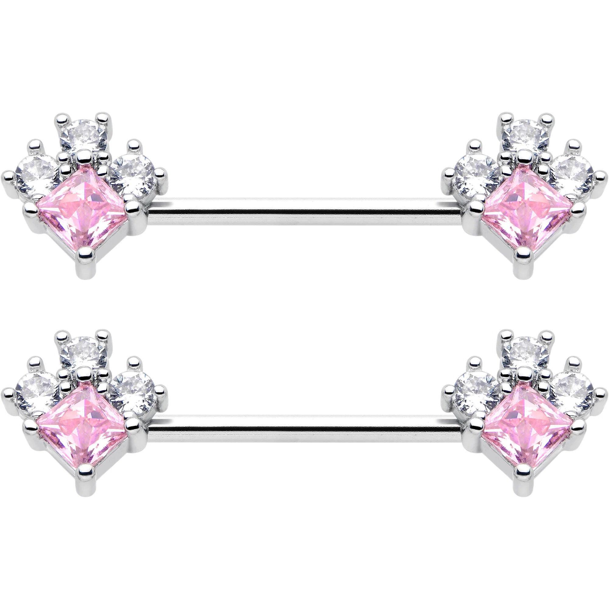 14G 9/16 Pink Clear CZ Gem Rhombus Riot Barbell Nipple Ring Set - Image 4