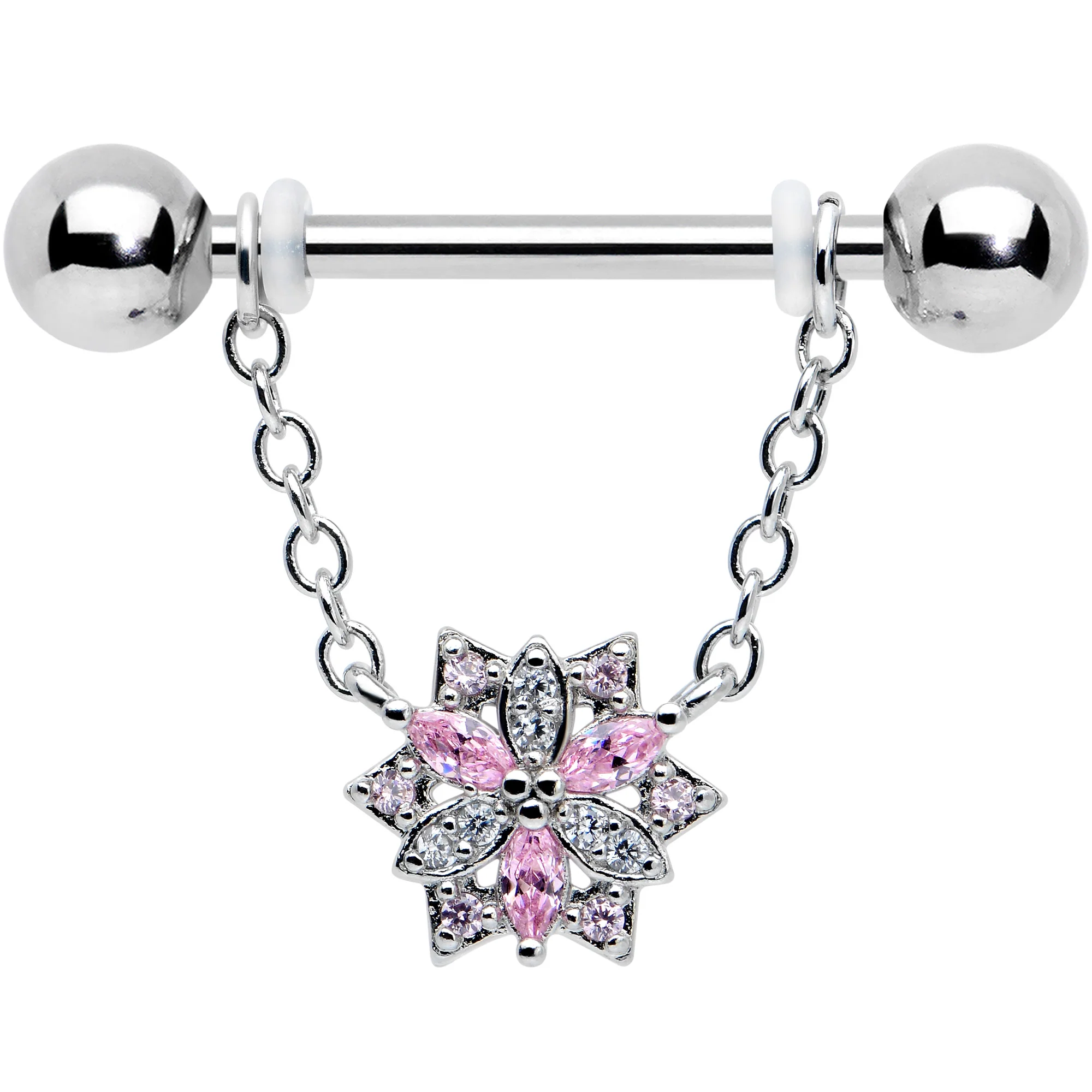 14G 9/16 Pink Clear CZ Gem Snowflake Chain Dangle Nipple Ring Set - Image 2