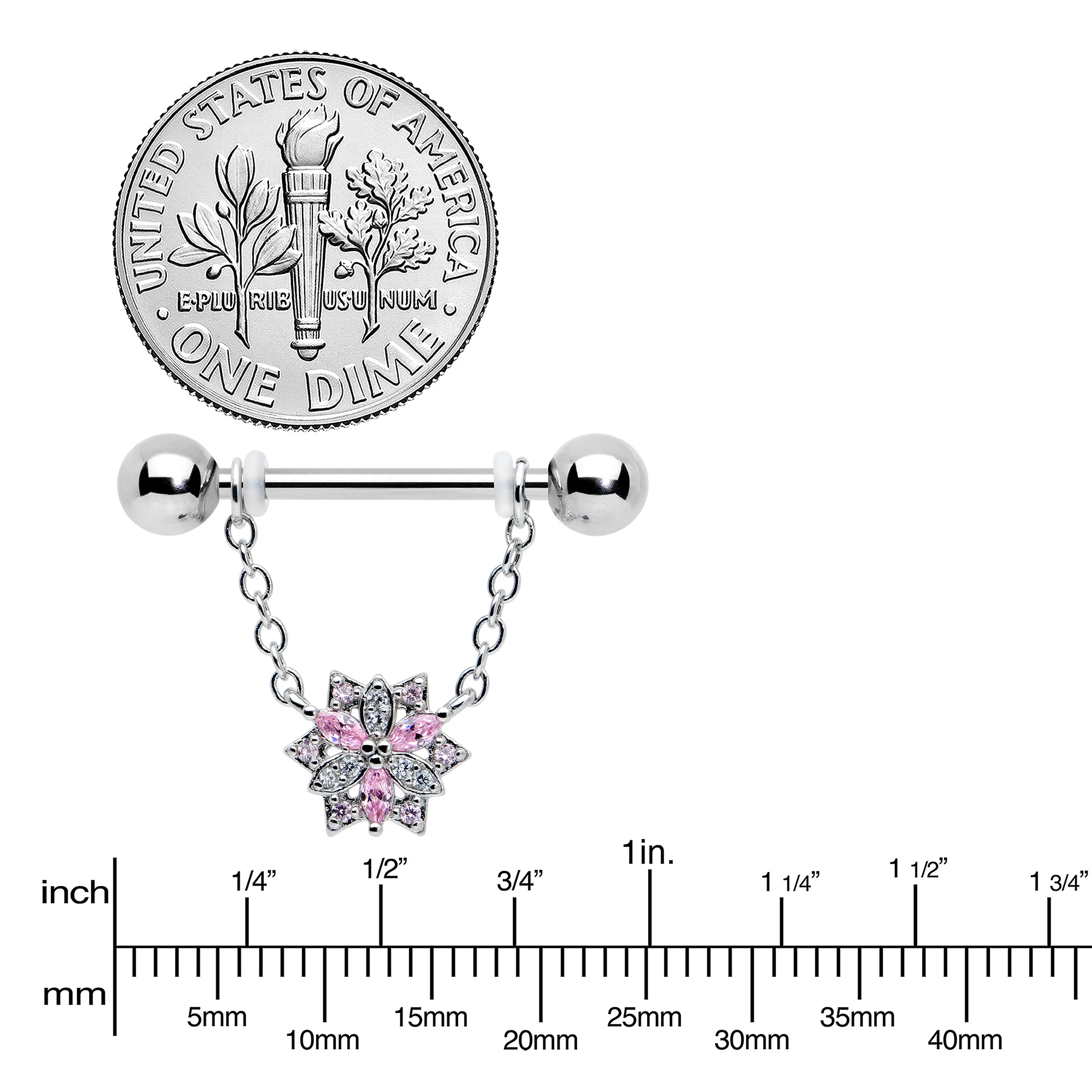 14G 9/16 Pink Clear CZ Gem Snowflake Chain Dangle Nipple Ring Set - Image 3