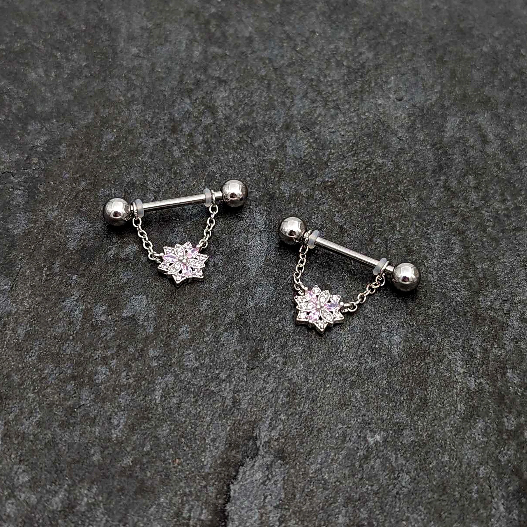 14G 9/16 Pink Clear CZ Gem Snowflake Chain Dangle Nipple Ring Set - Image 4