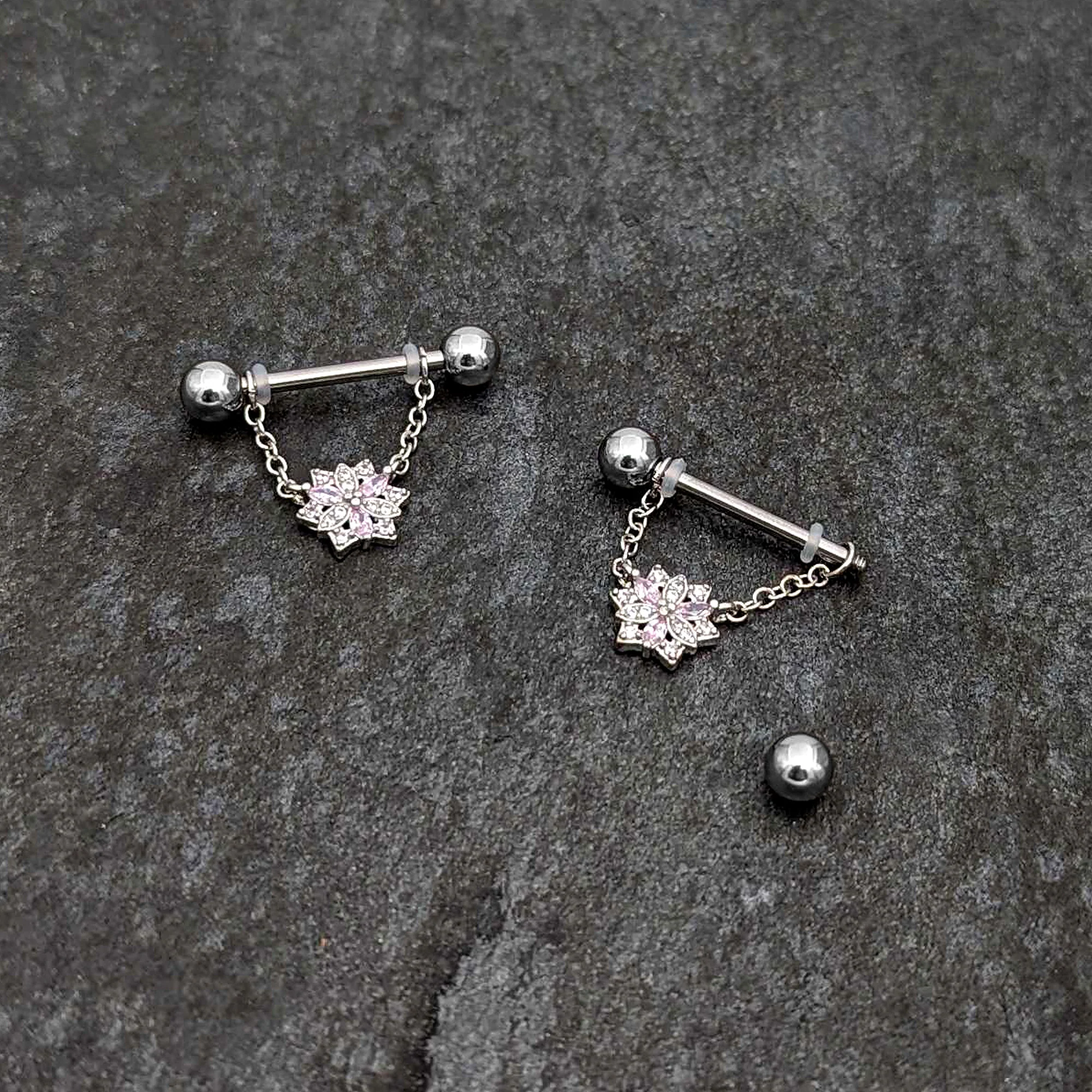 14G 9/16 Pink Clear CZ Gem Snowflake Chain Dangle Nipple Ring Set - Image 5
