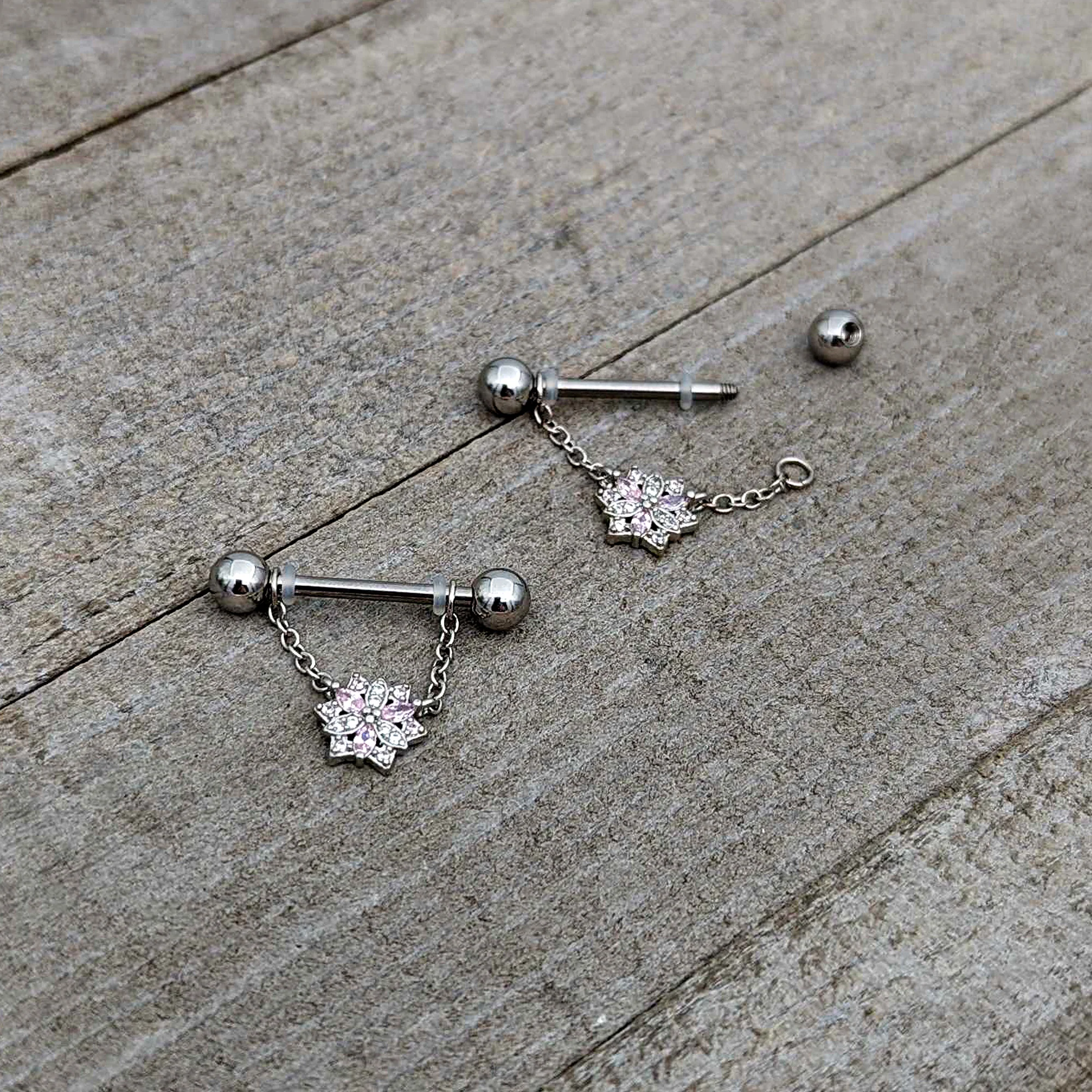14G 9/16 Pink Clear CZ Gem Snowflake Chain Dangle Nipple Ring Set - Image 7