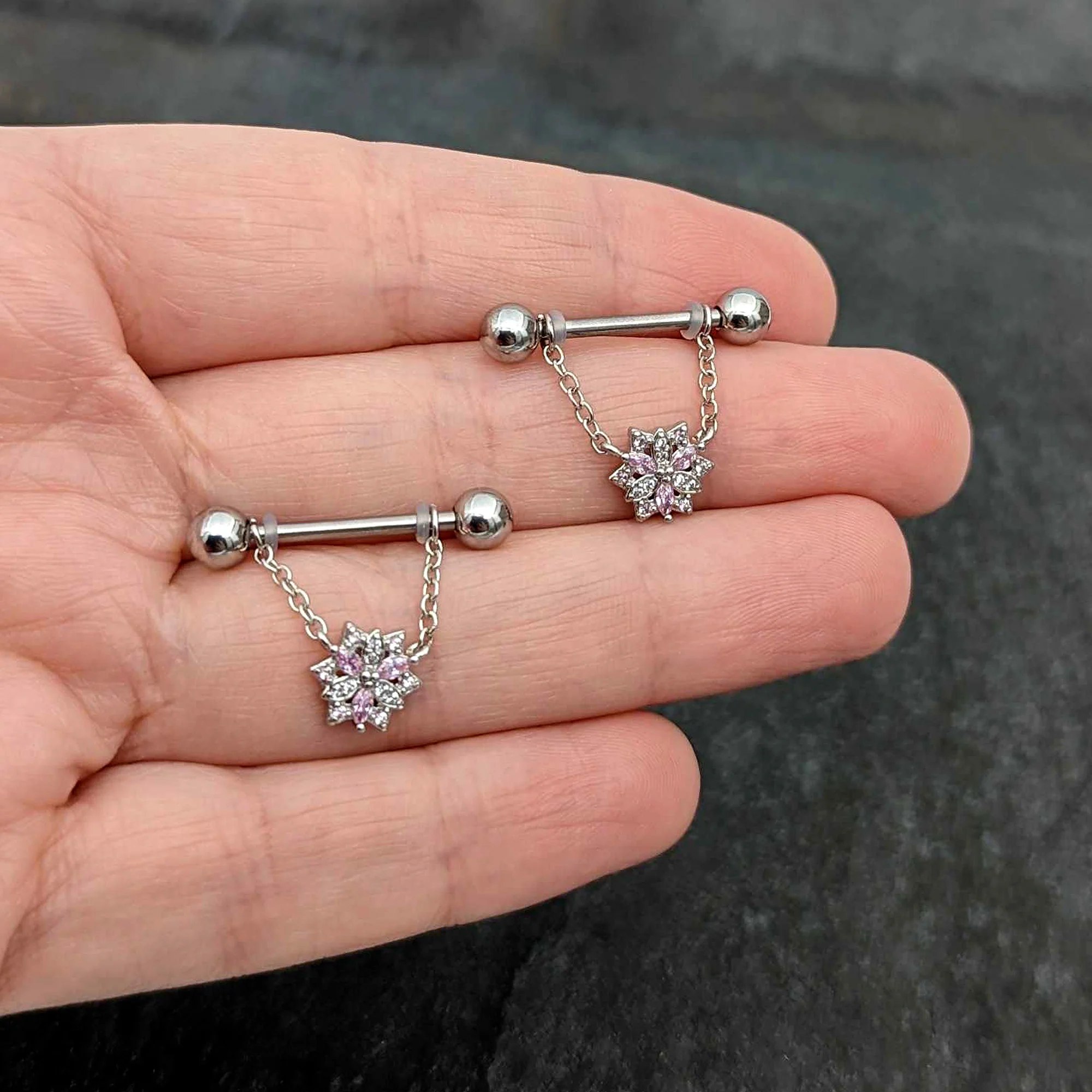 14G 9/16 Pink Clear CZ Gem Snowflake Chain Dangle Nipple Ring Set - Image 8