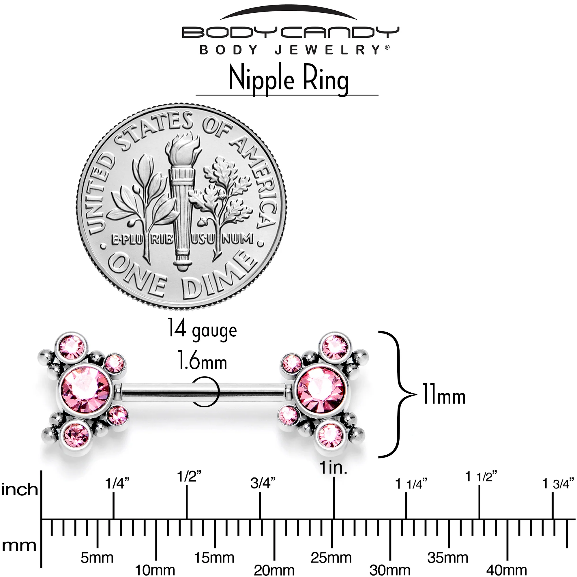 14G 9/16 Pink CZ Gem Circles Threadless Barbell Nipple Ring Set - Image 4