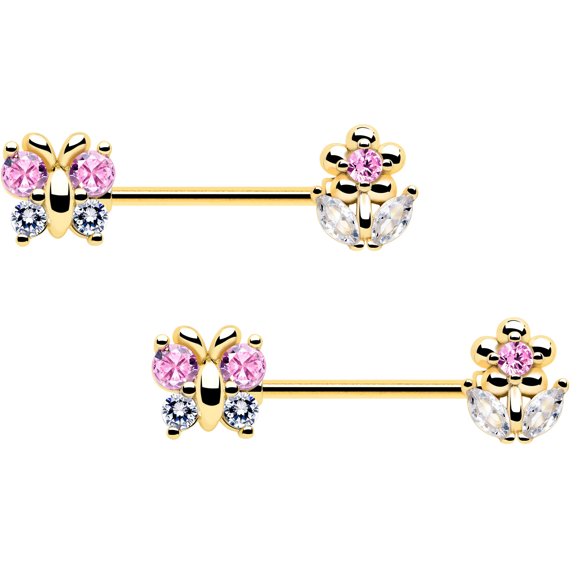 14G 9/16 Pink CZ Gem Gold Tone Bead Flower Barbell Nipple Ring Set