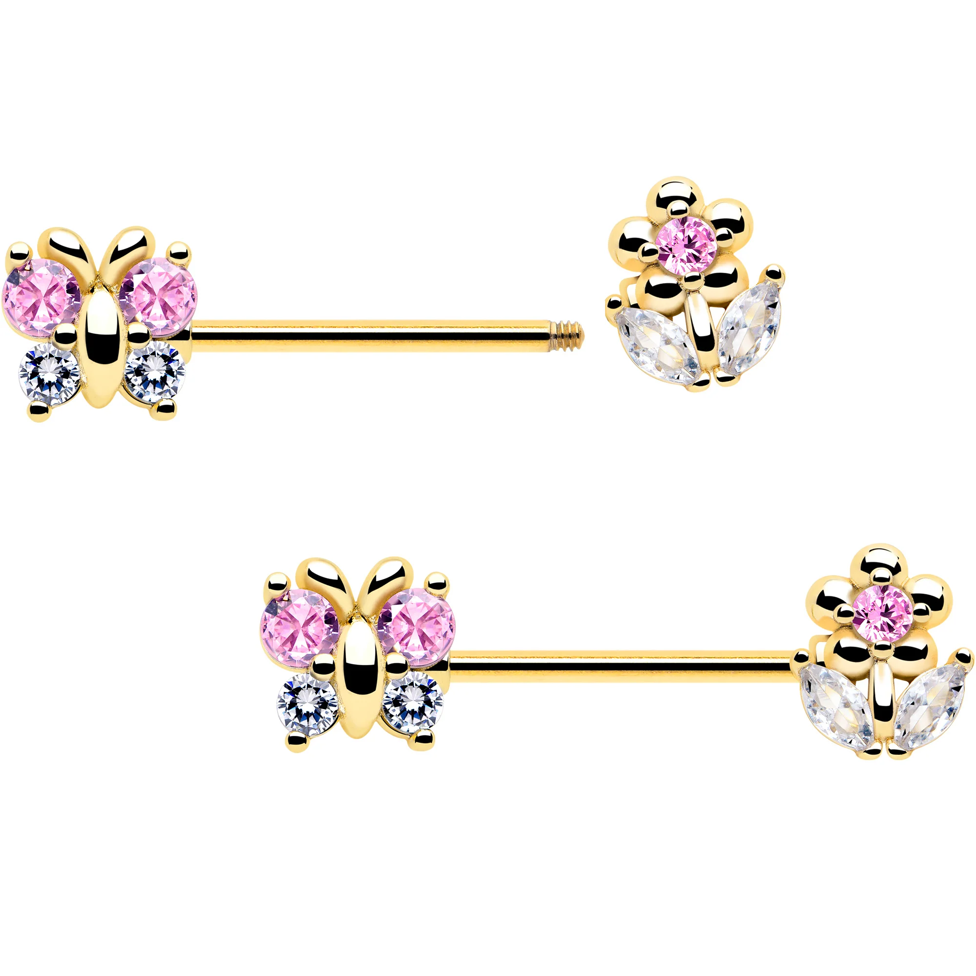 14G 9/16 Pink CZ Gem Gold Tone Bead Flower Barbell Nipple Ring Set - Image 2