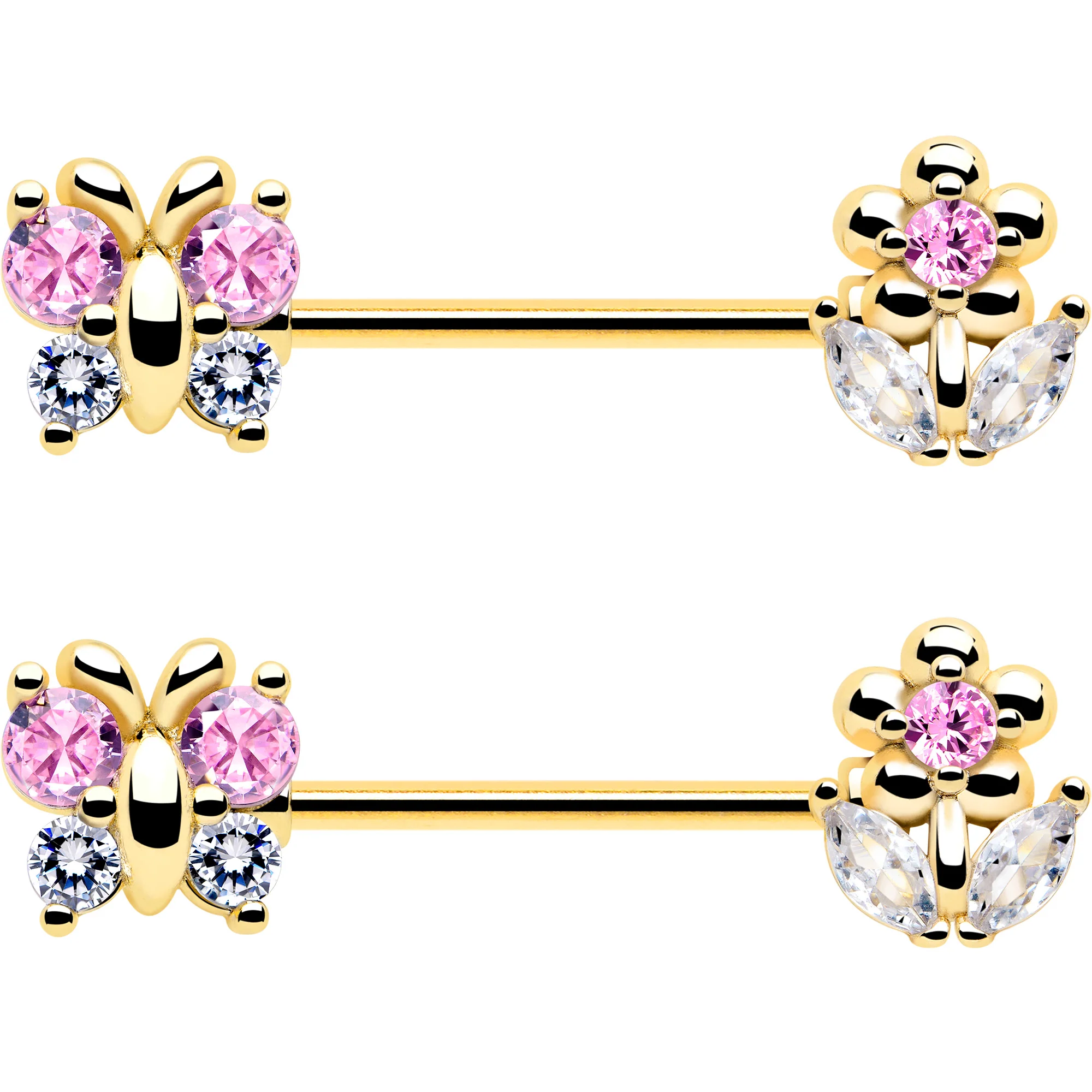 14G 9/16 Pink CZ Gem Gold Tone Bead Flower Barbell Nipple Ring Set - Image 3