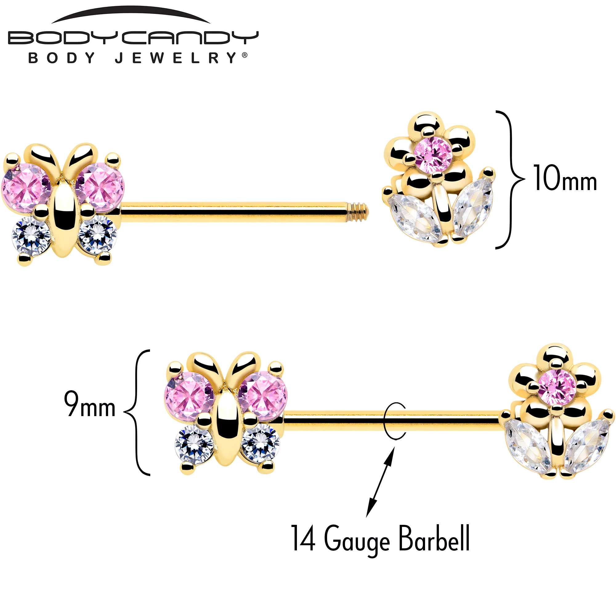 14G 9/16 Pink CZ Gem Gold Tone Bead Flower Barbell Nipple Ring Set - Image 4