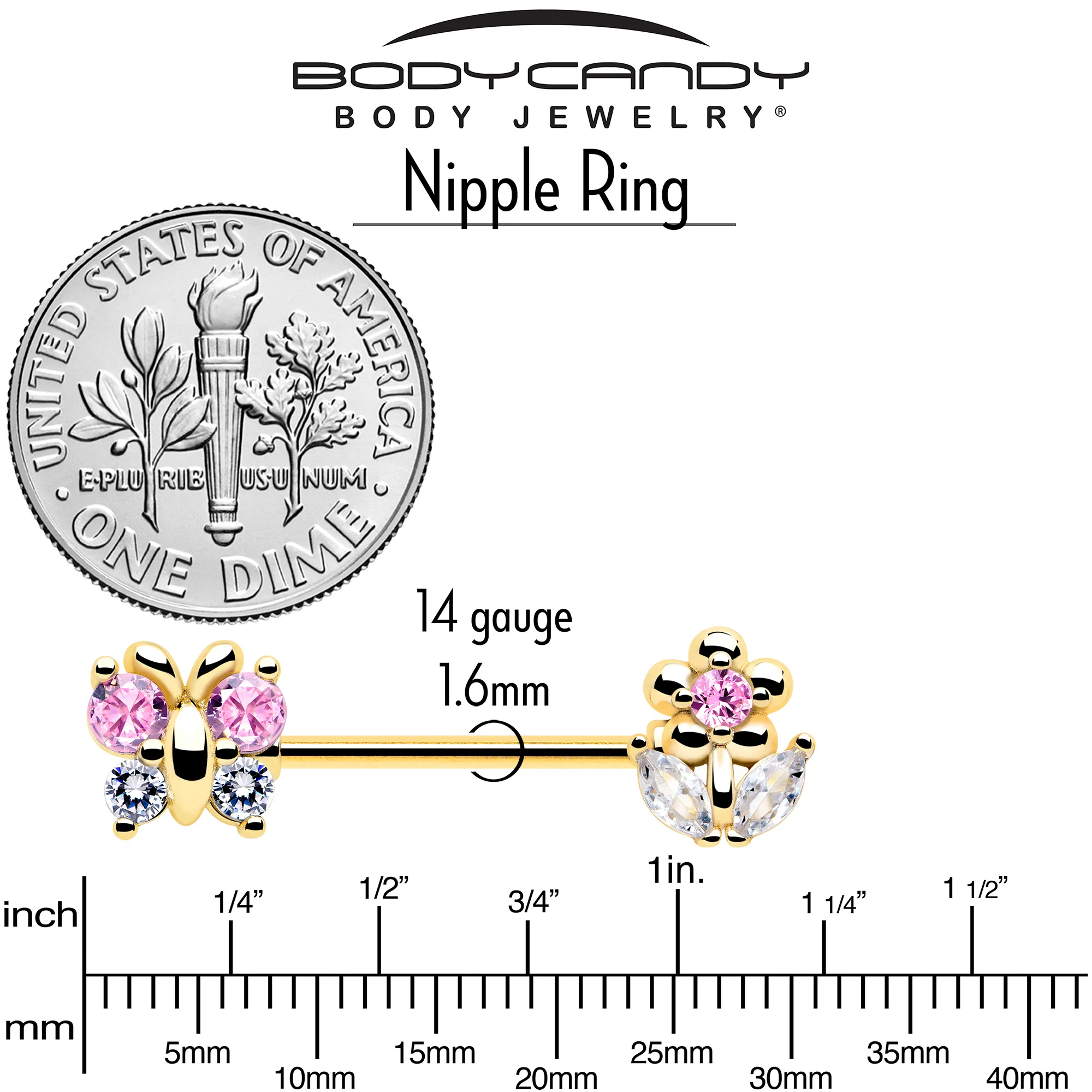 14G 9/16 Pink CZ Gem Gold Tone Bead Flower Barbell Nipple Ring Set - Image 5