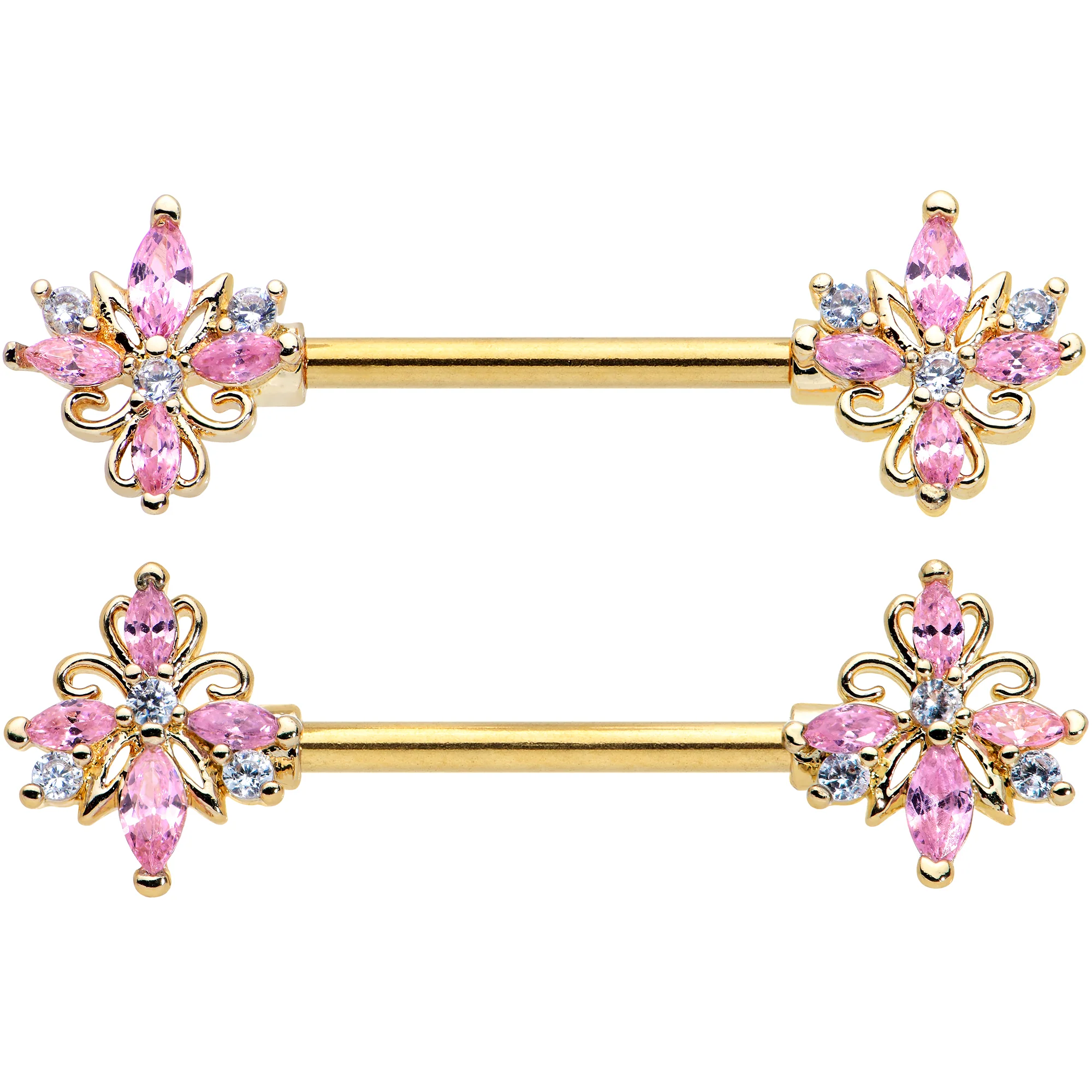 14G 9/16 Pink CZ Gem Gold Tone Pretty Barbell Nipple Ring Set - Image 2