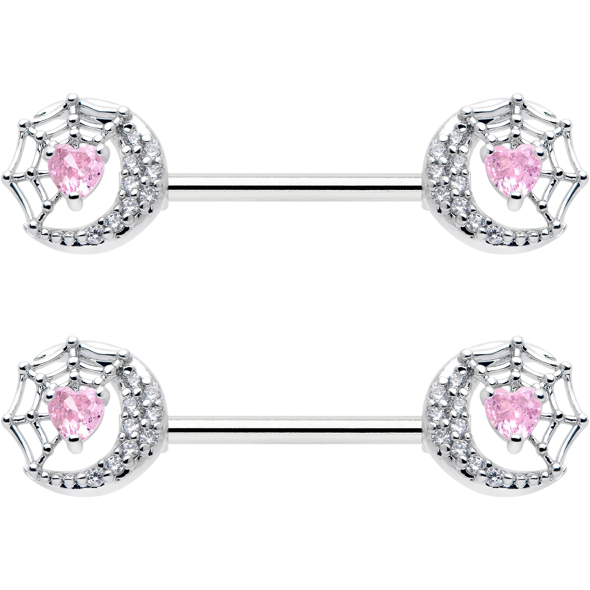 14G 9/16 Pink CZ Gem Heart Web Moon Barbell Nipple Ring Set - Image 2