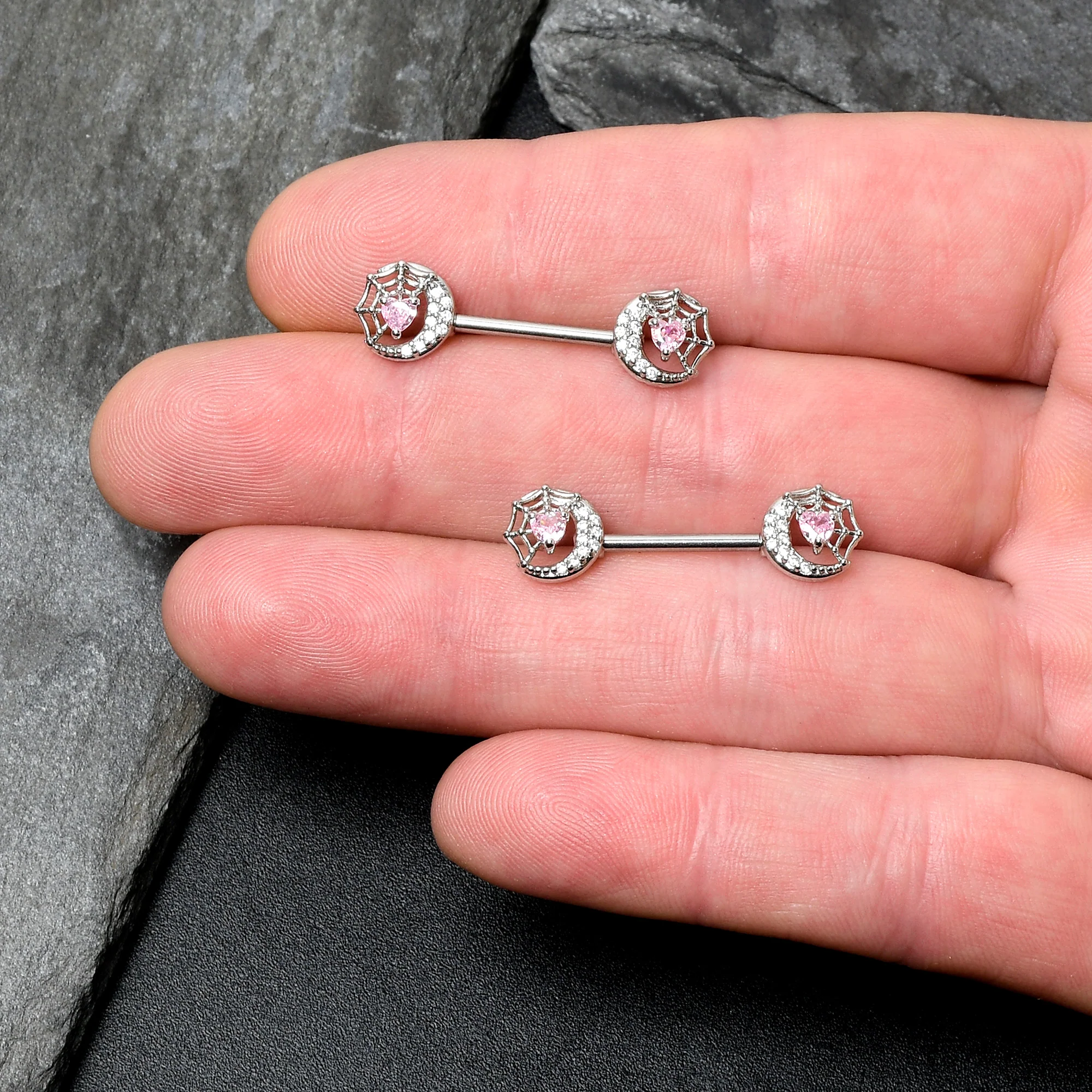 14G 9/16 Pink CZ Gem Heart Web Moon Barbell Nipple Ring Set - Image 3