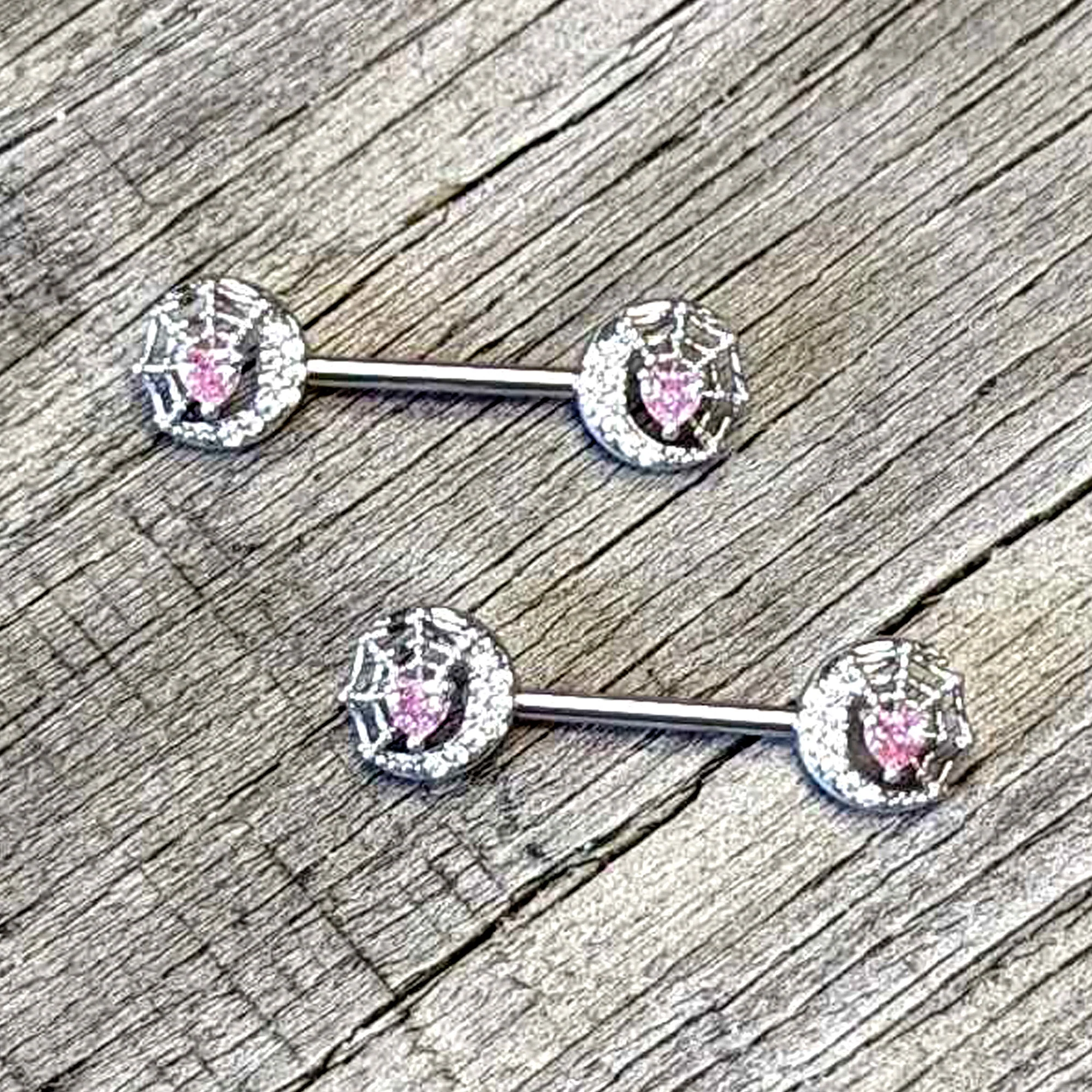 14G 9/16 Pink CZ Gem Heart Web Moon Barbell Nipple Ring Set - Image 4