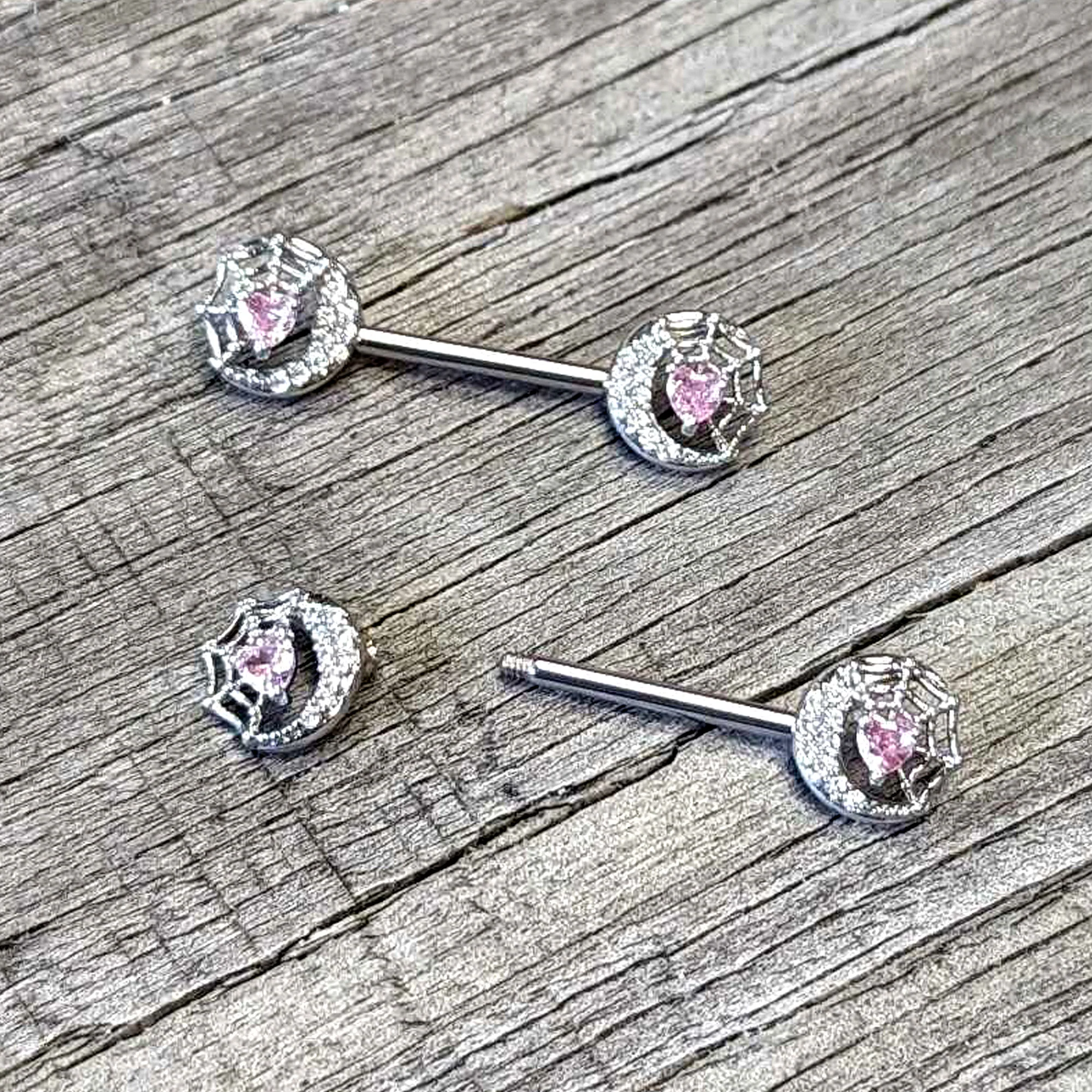 14G 9/16 Pink CZ Gem Heart Web Moon Barbell Nipple Ring Set - Image 5