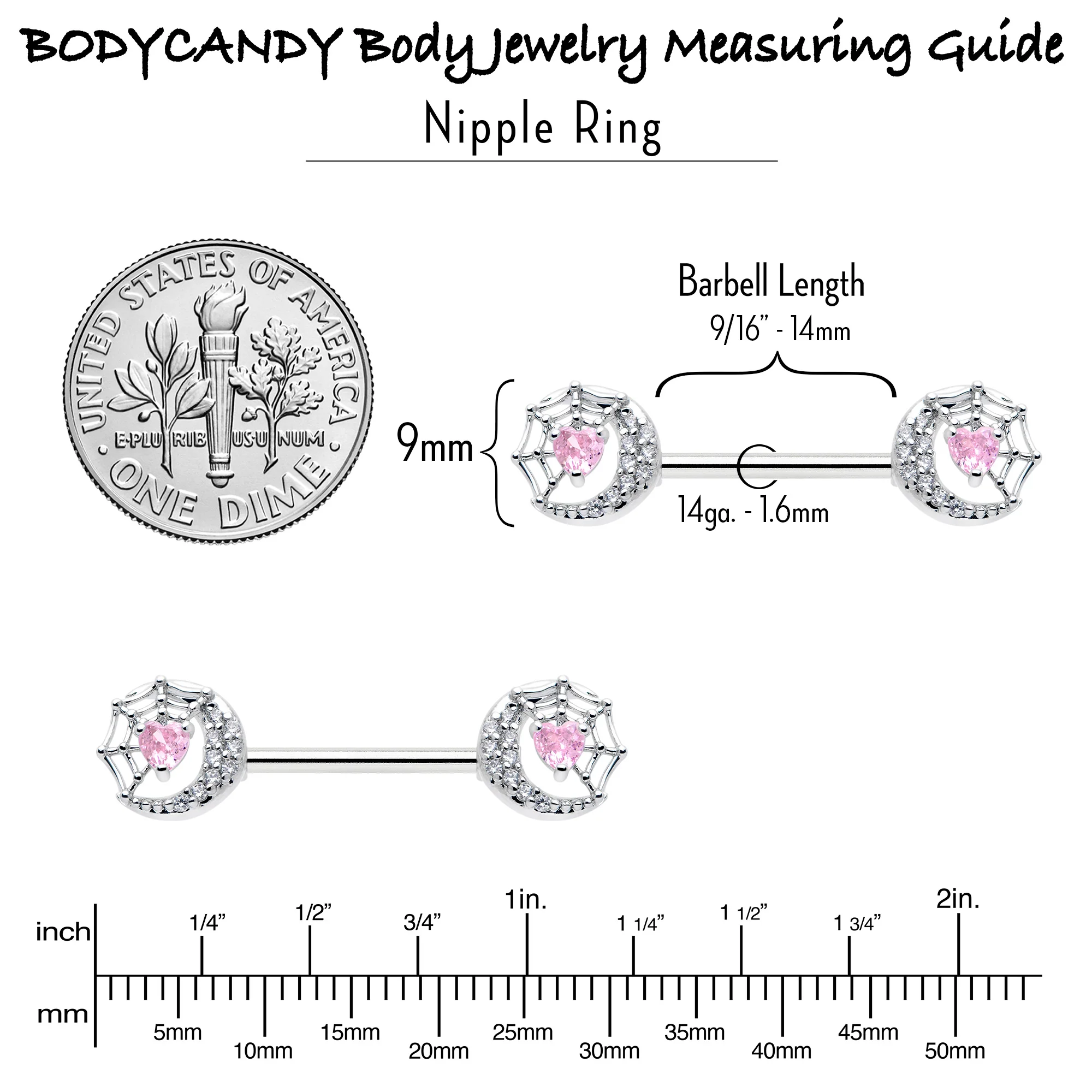 14G 9/16 Pink CZ Gem Heart Web Moon Barbell Nipple Ring Set - Image 6