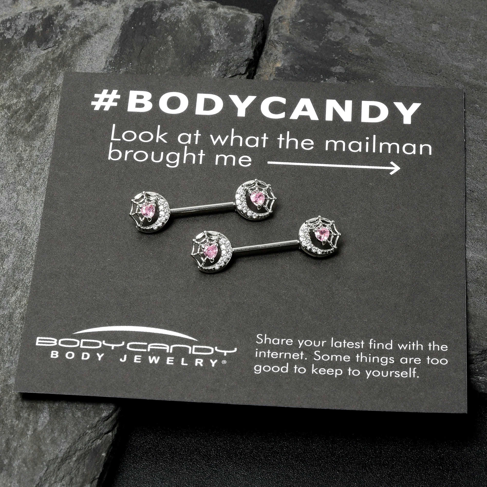 14G 9/16 Pink CZ Gem Heart Web Moon Barbell Nipple Ring Set - Image 7
