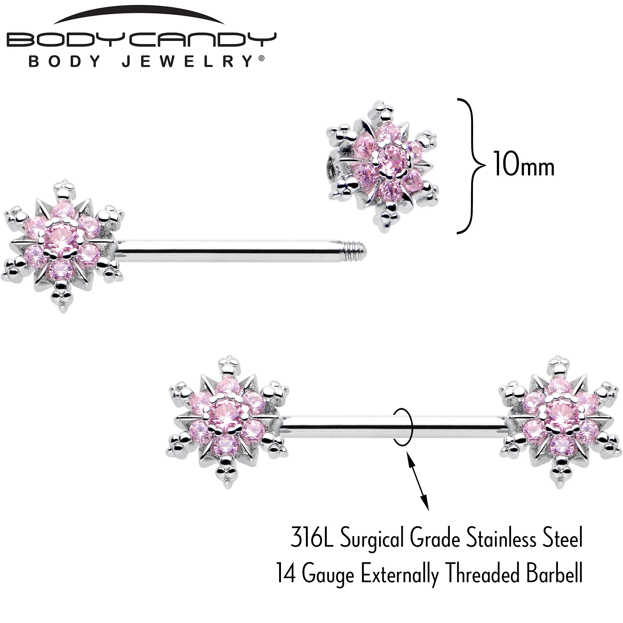14G 9/16 Pink CZ Gem Snowflake Glam Barbell Nipple Ring Set - Image 2
