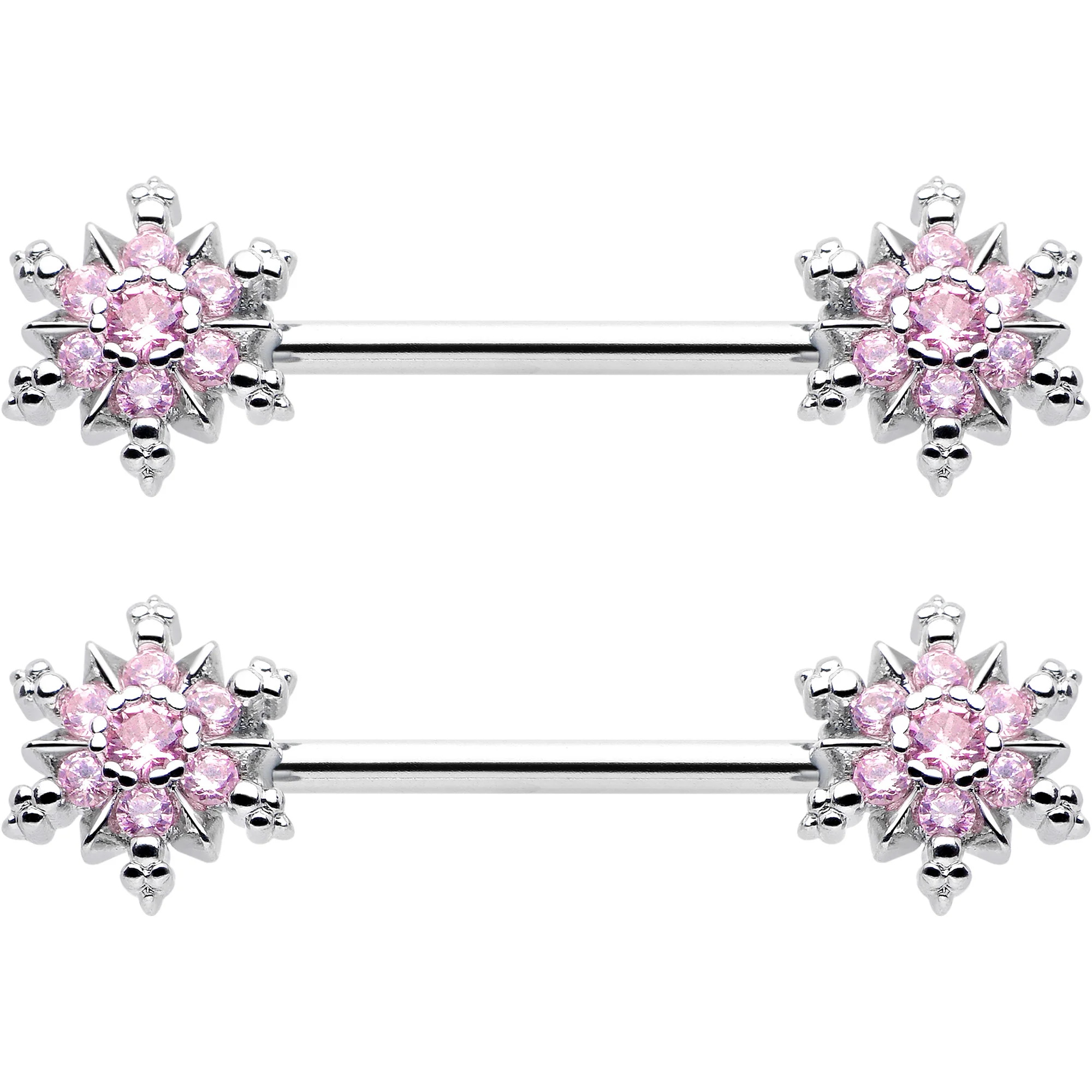 14G 9/16 Pink CZ Gem Snowflake Glam Barbell Nipple Ring Set - Image 3