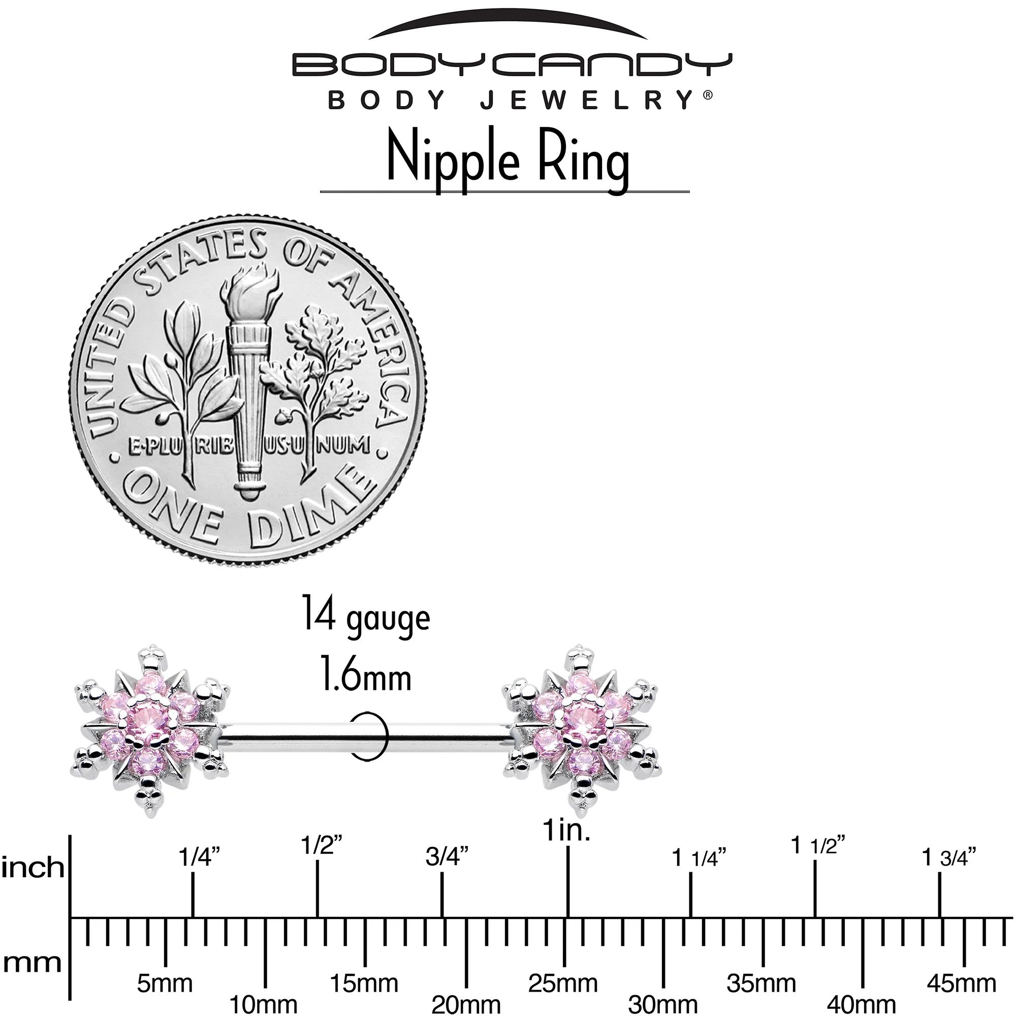 14G 9/16 Pink CZ Gem Snowflake Glam Barbell Nipple Ring Set - Image 4