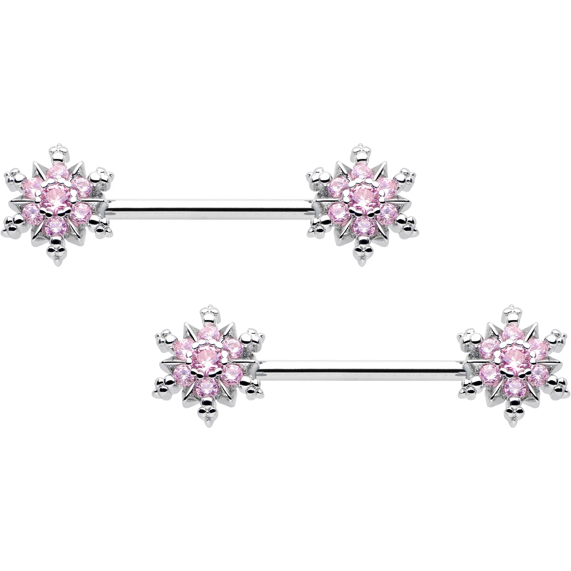 14G 9/16 Pink CZ Gem Snowflake Glam Barbell Nipple Ring Set - Image 5