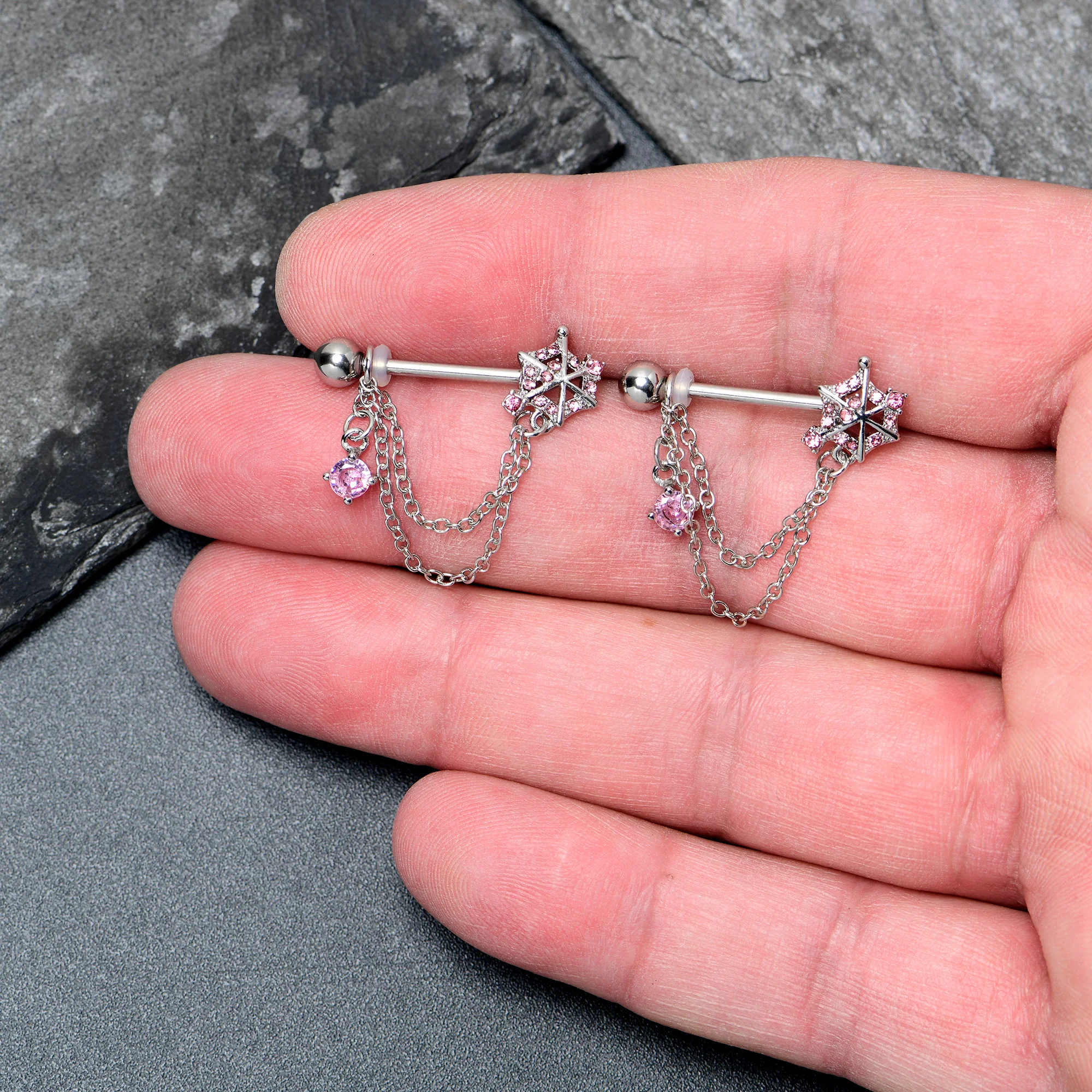 14G 9/16 Pink CZ Gem Spiderweb Chain Dangle Nipple Ring Set - Image 2
