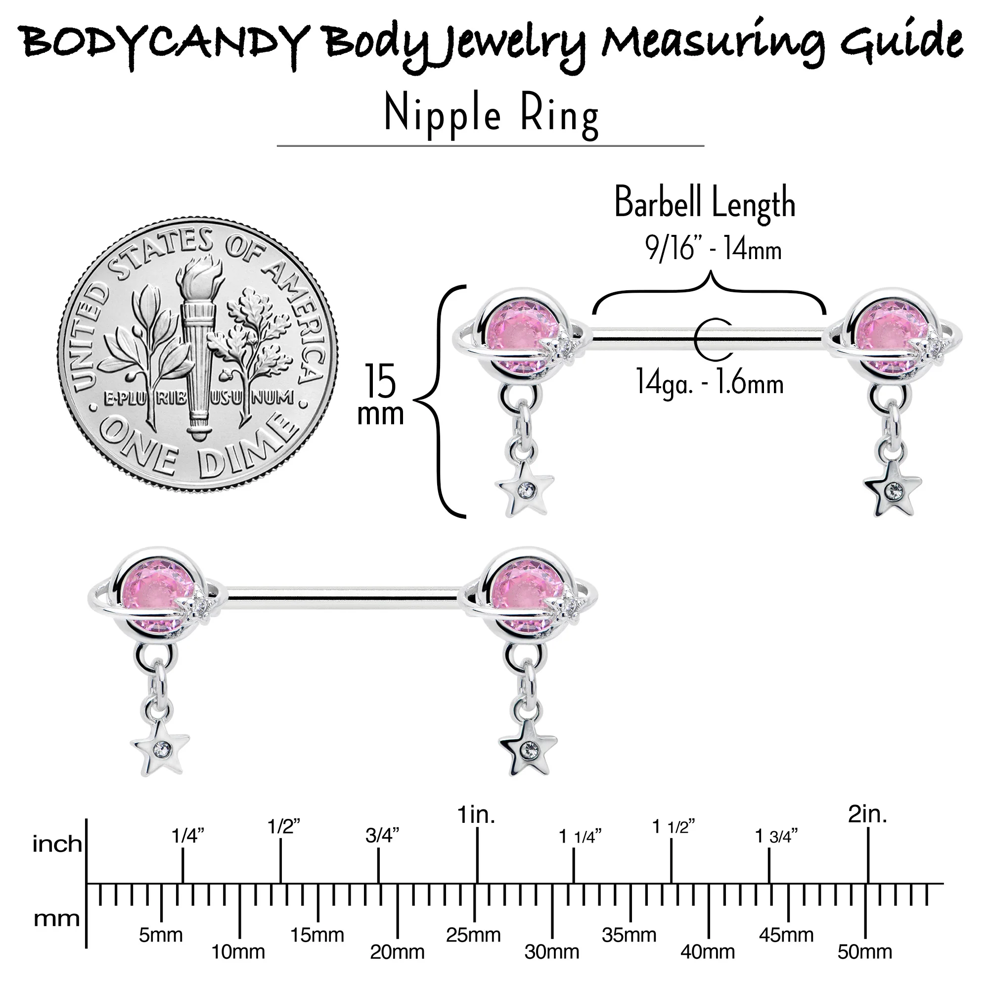 14G 9/16 Pink CZ Gem Starry Saturn Dangle Nipple Ring Set - Image 6