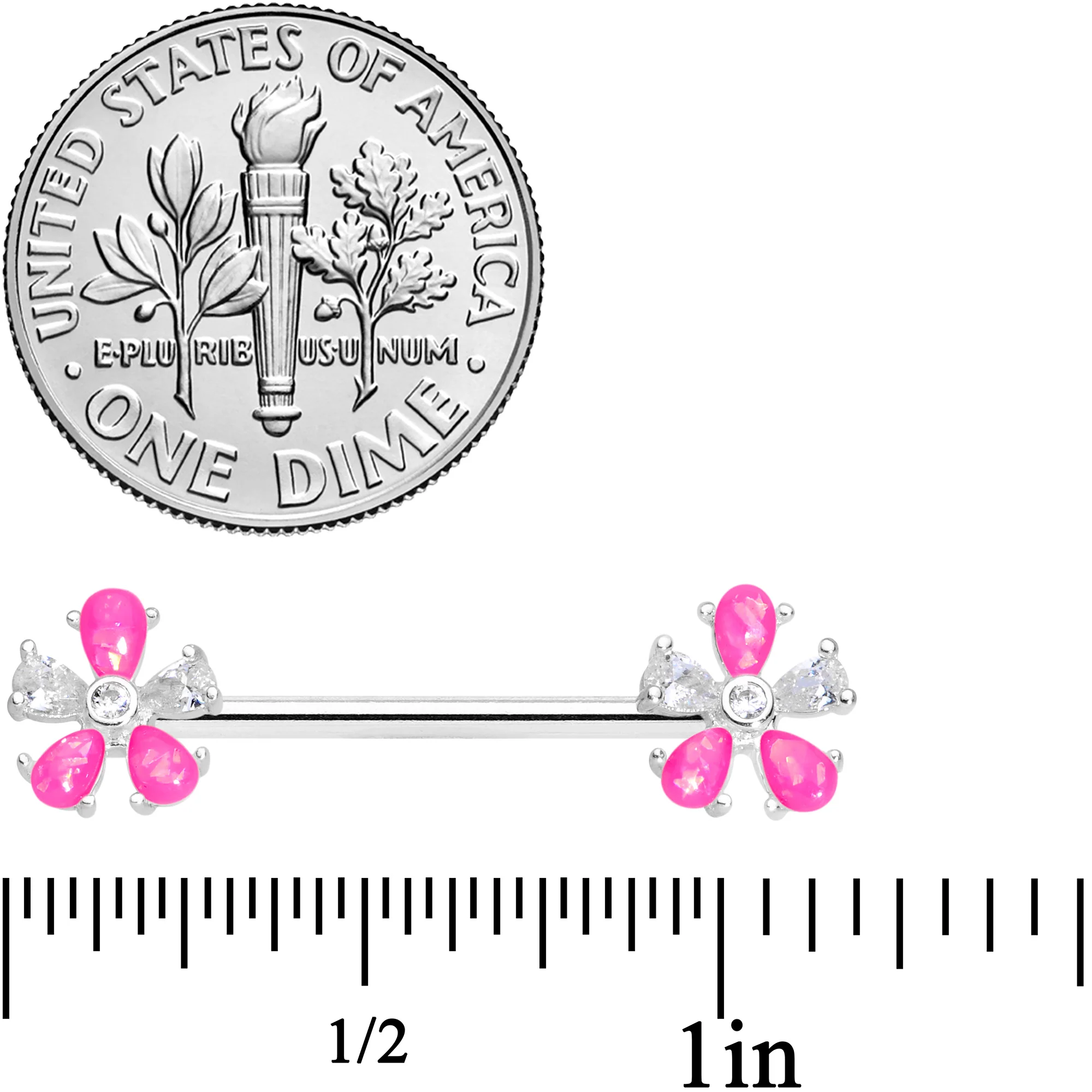 14G 9/16 Pink Faux Opal Flower Barbell Nipple Ring Set - Image 2