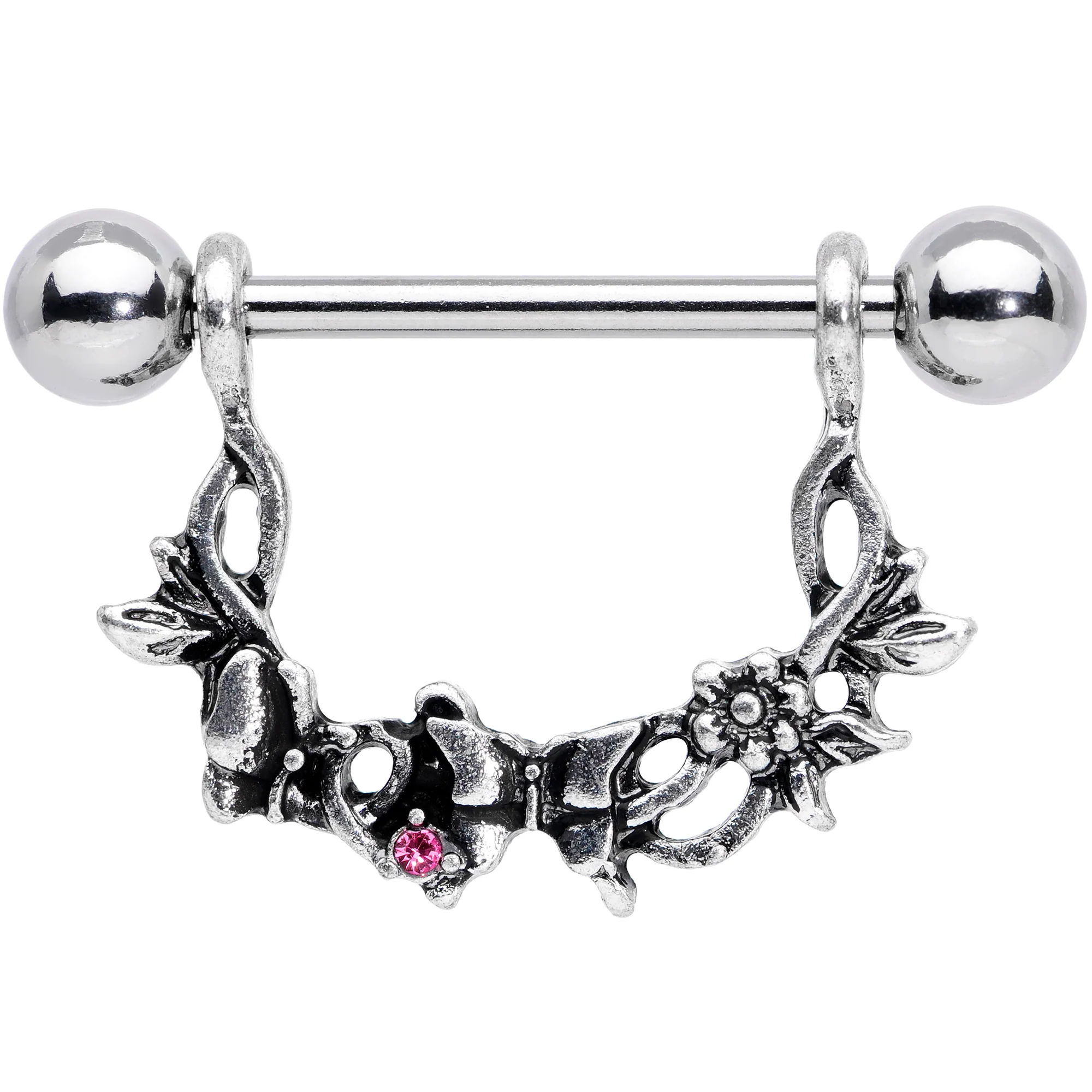 14G 9/16 Pink Gem Abstract Bow Butterfly Dangle Nipple Ring Set - Image 2