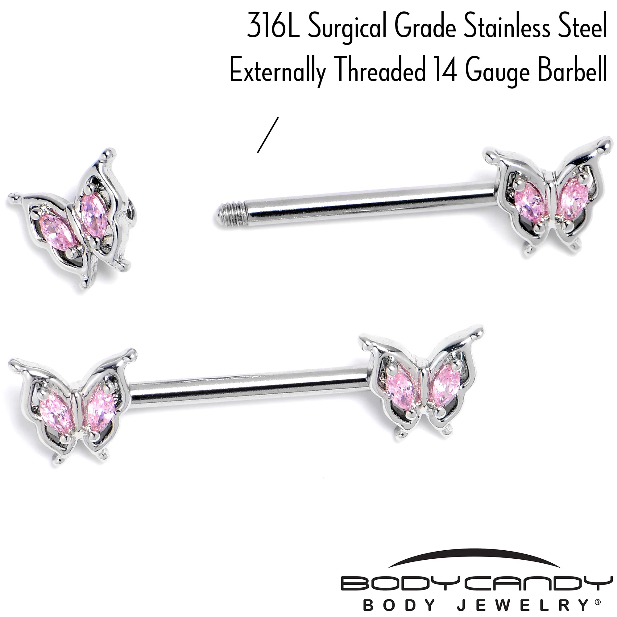 14G 9/16 Pink Gem Fancy Fab Butterfly Barbell Nipple Ring Set - Image 5