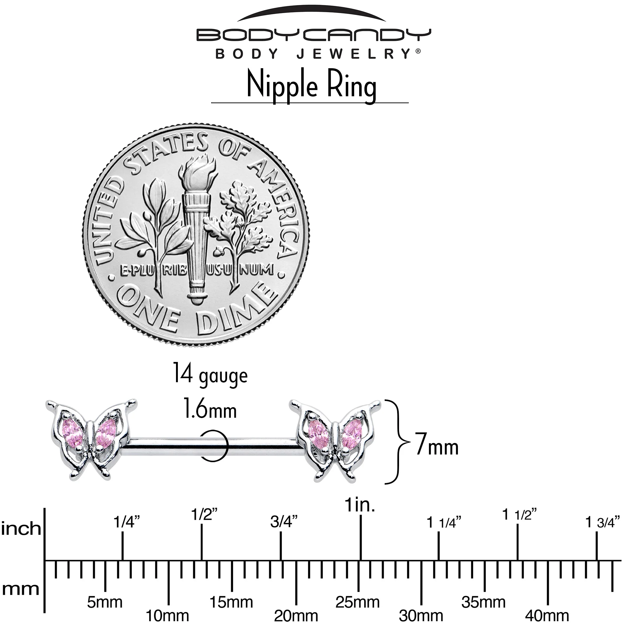 14G 9/16 Pink Gem Fancy Fab Butterfly Barbell Nipple Ring Set - Image 6