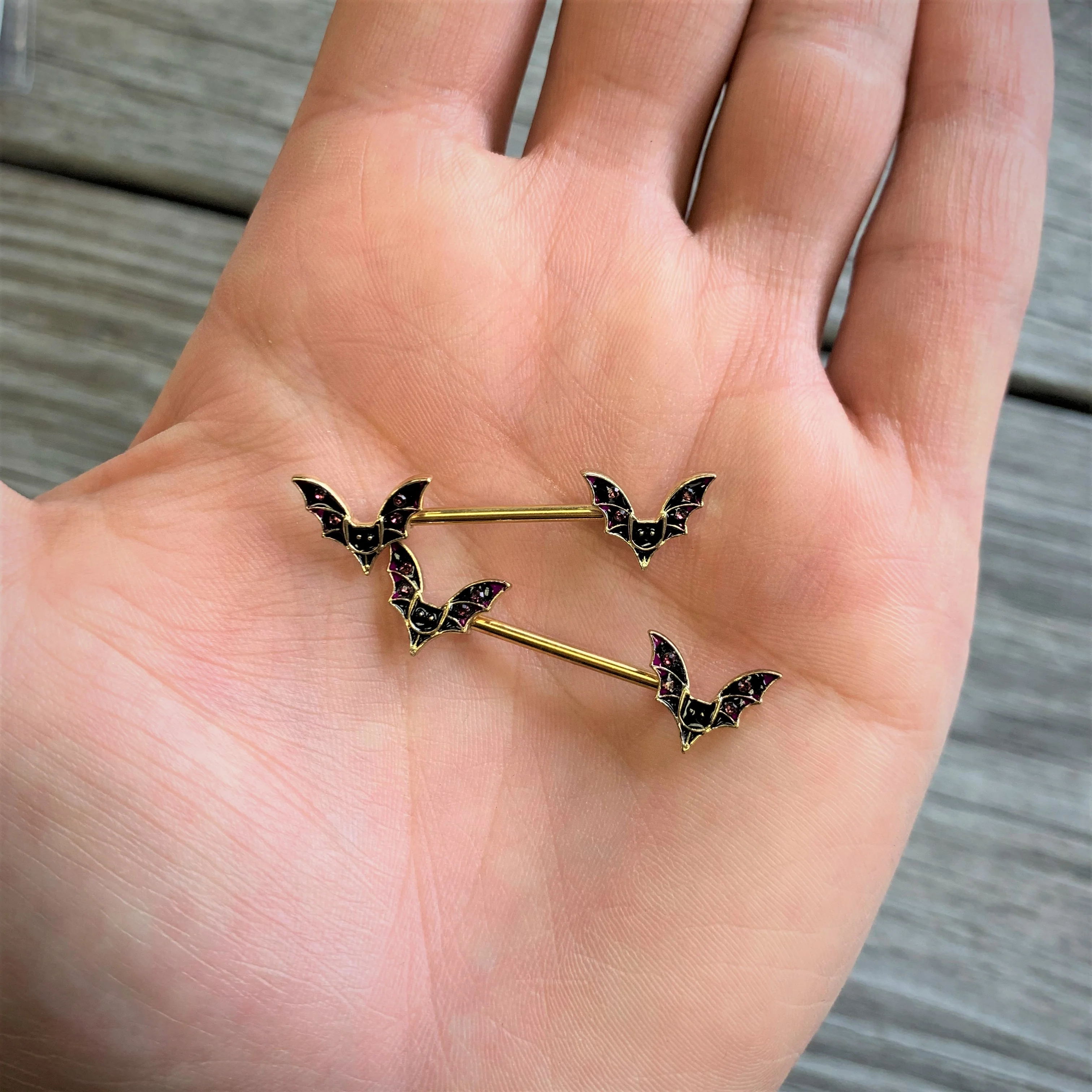 14G 9/16 Pink Gem Gold Tone Bat Halloween Barbell Nipple Ring Set - Image 2