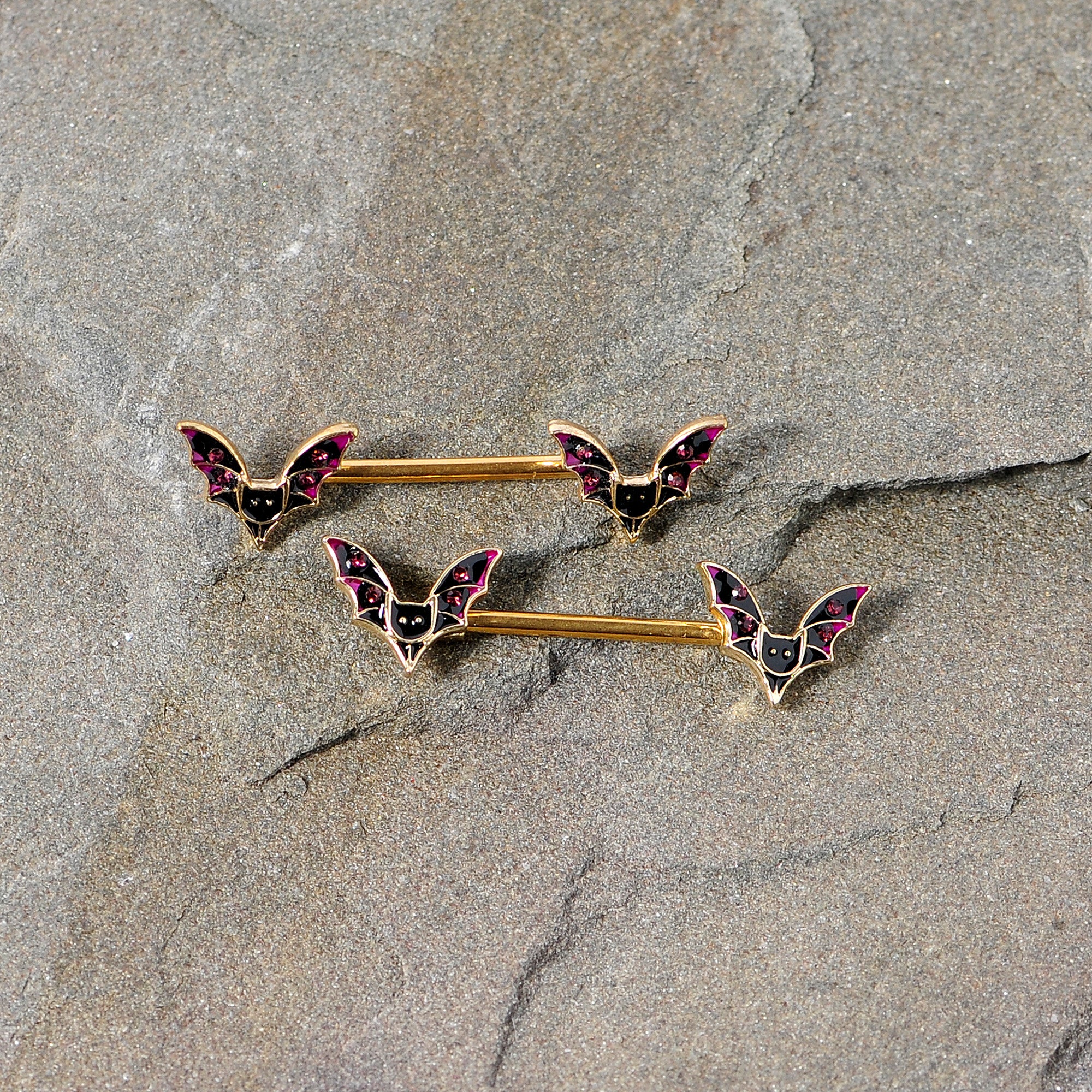 14G 9/16 Pink Gem Gold Tone Bat Halloween Barbell Nipple Ring Set - Image 3