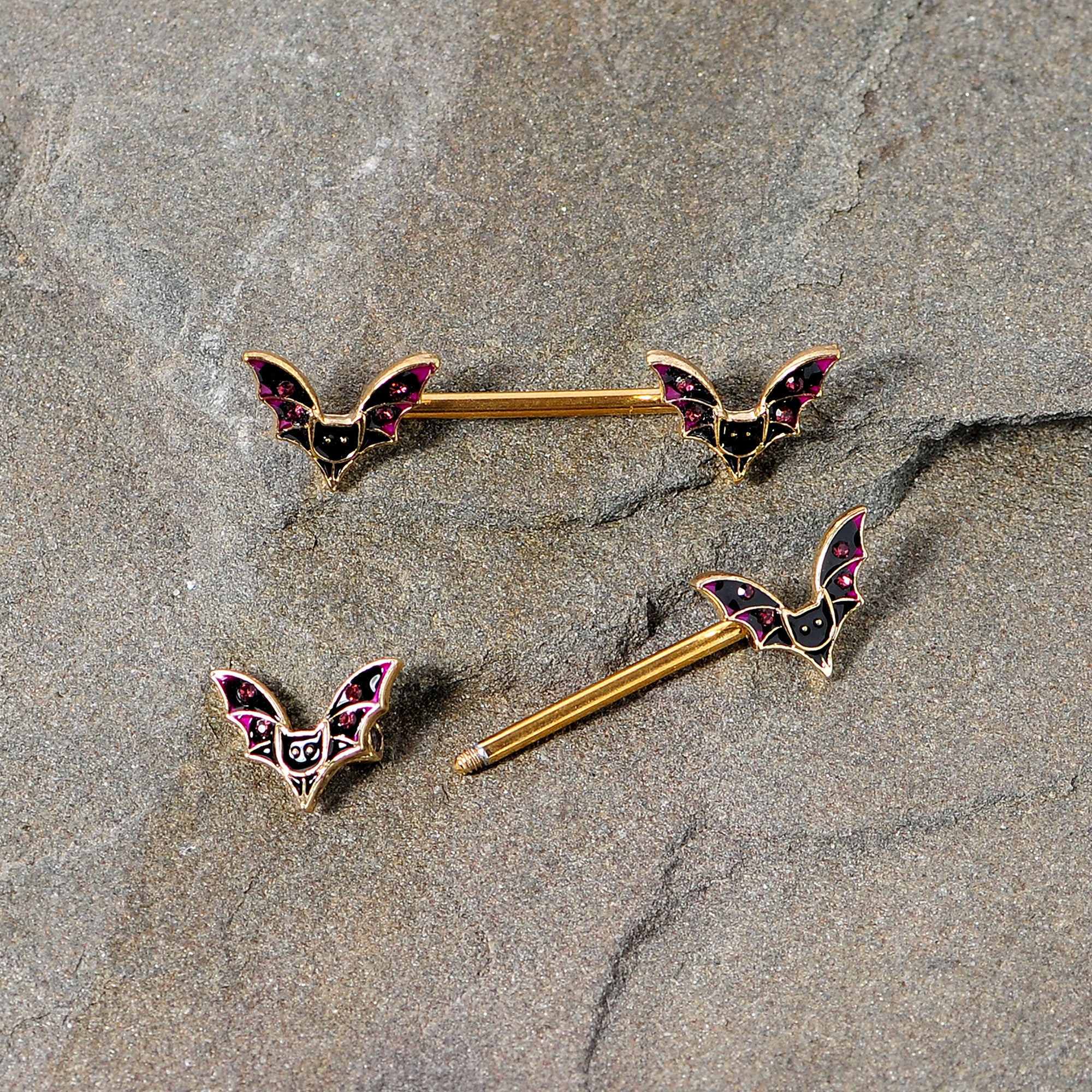 14G 9/16 Pink Gem Gold Tone Bat Halloween Barbell Nipple Ring Set - Image 4