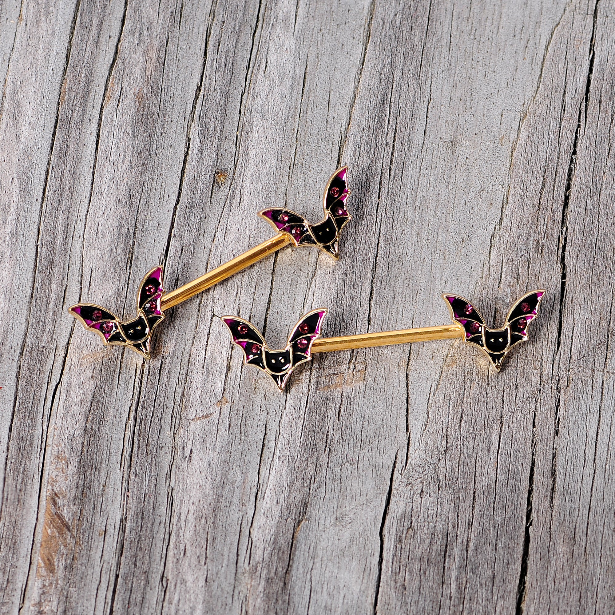 14G 9/16 Pink Gem Gold Tone Bat Halloween Barbell Nipple Ring Set - Image 5