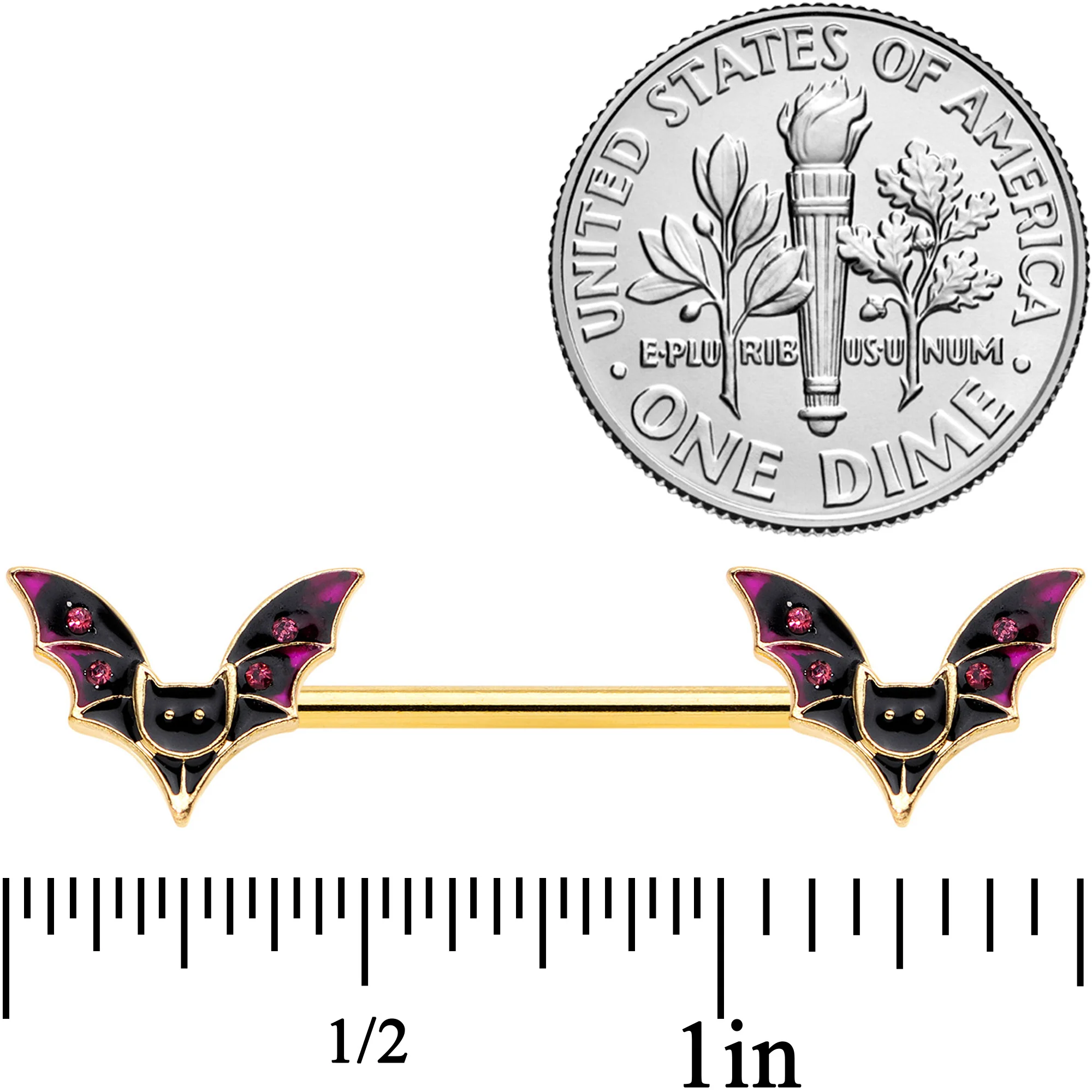 14G 9/16 Pink Gem Gold Tone Bat Halloween Barbell Nipple Ring Set - Image 6