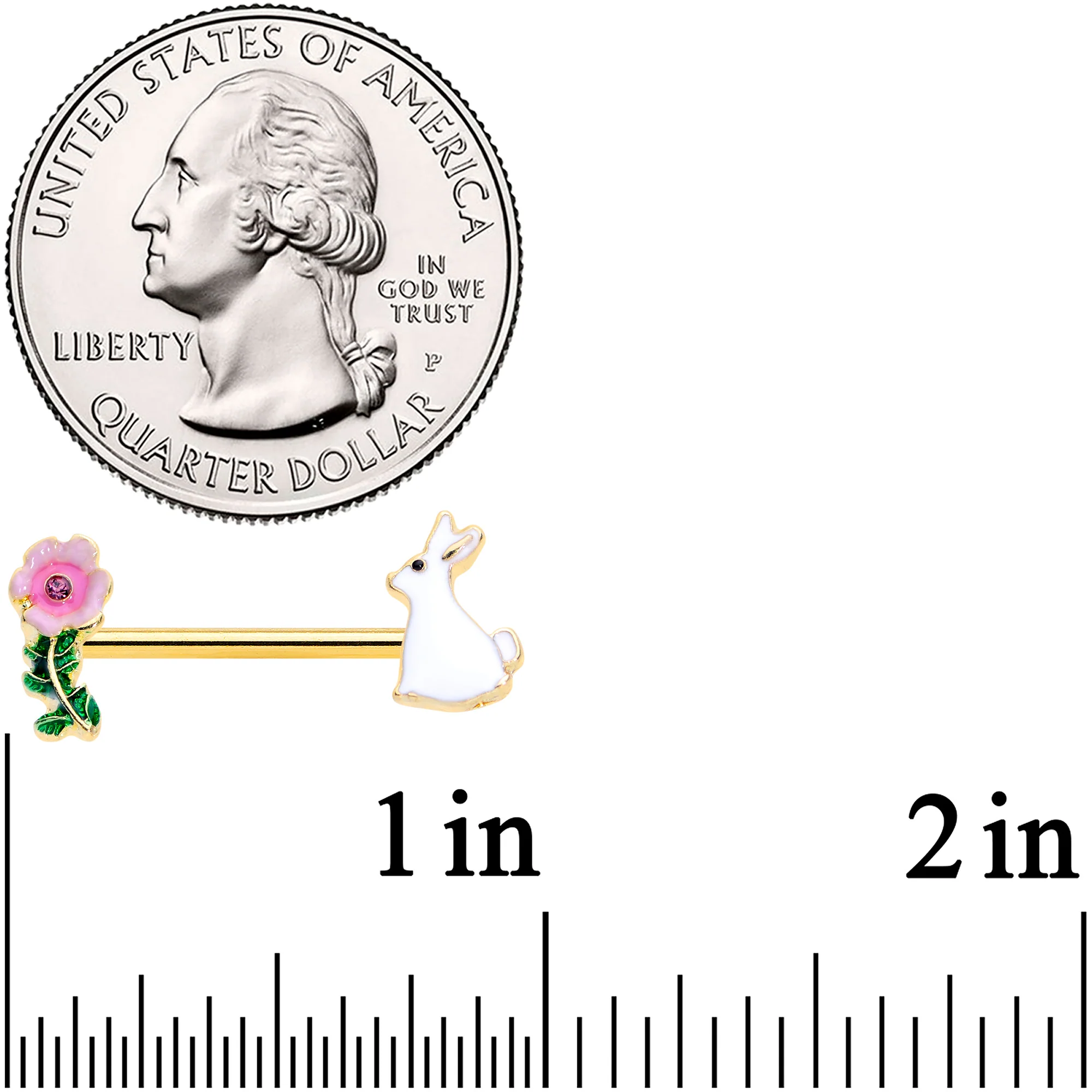 14G 9/16 Pink Gem Gold Tone Easter Bunny Flower Nipple Ring Set - Image 2