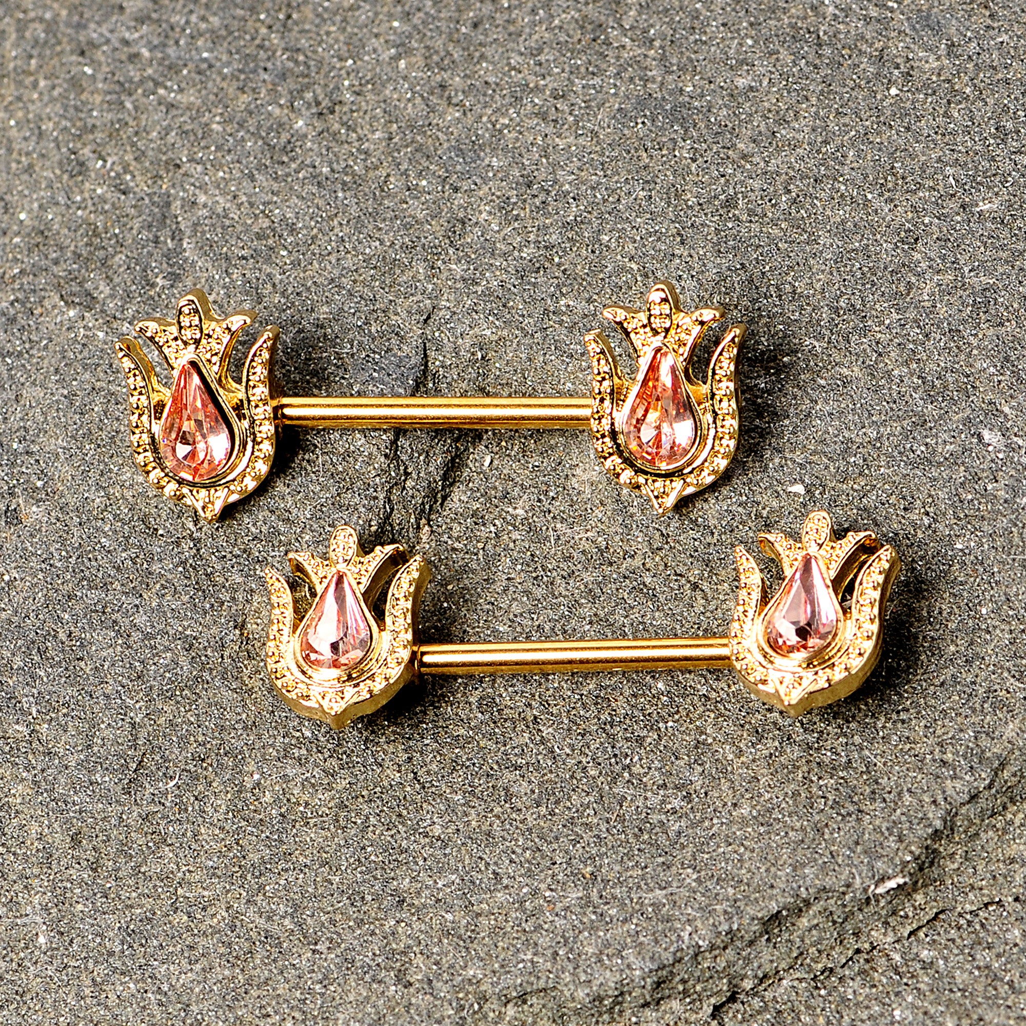 14G 9/16 Pink Gem Gold Tone Flower Barbell Nipple Ring Set - Image 3