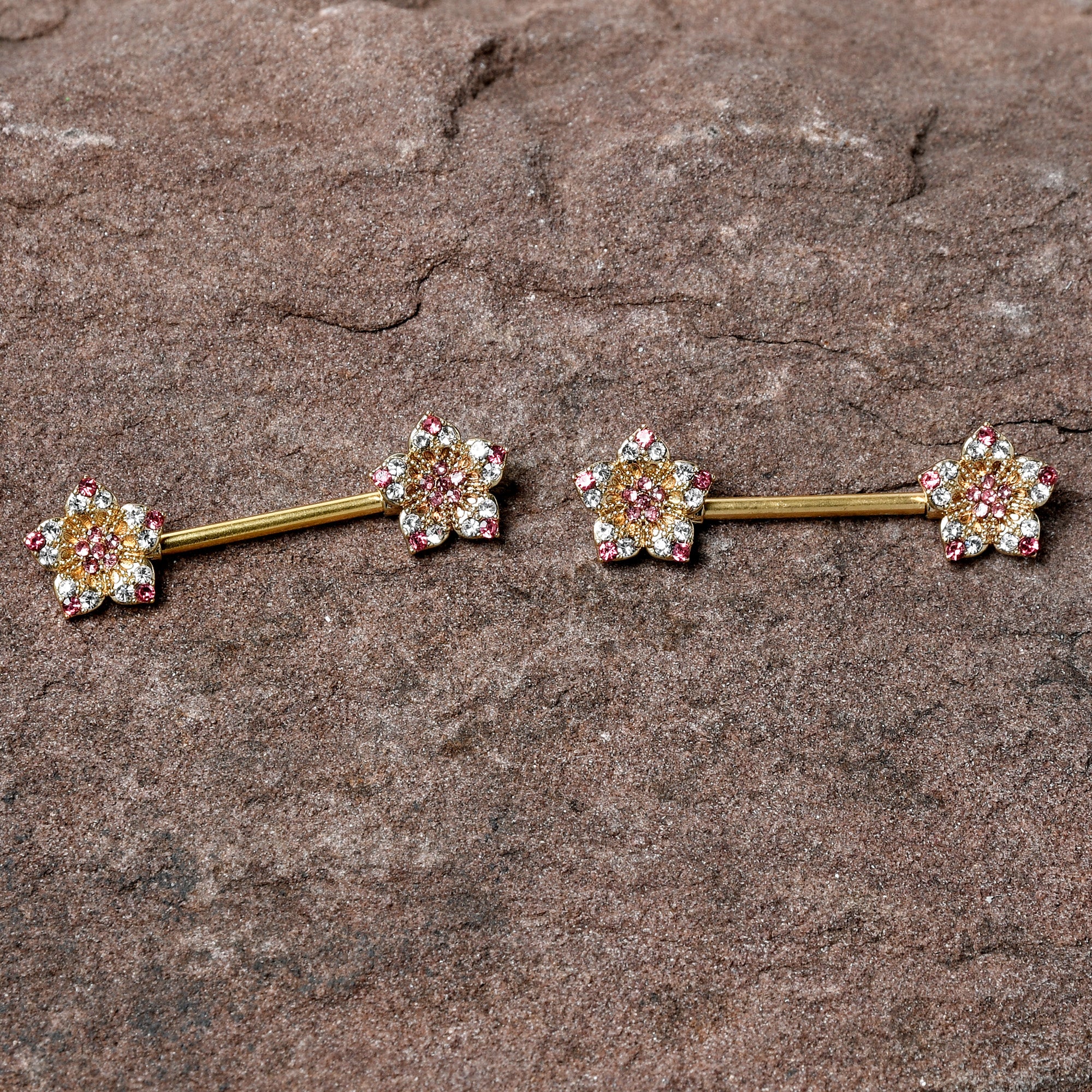 14G 9/16 Pink Gem Gold Tone Texture Star Barbell Nipple Ring Set - Image 2