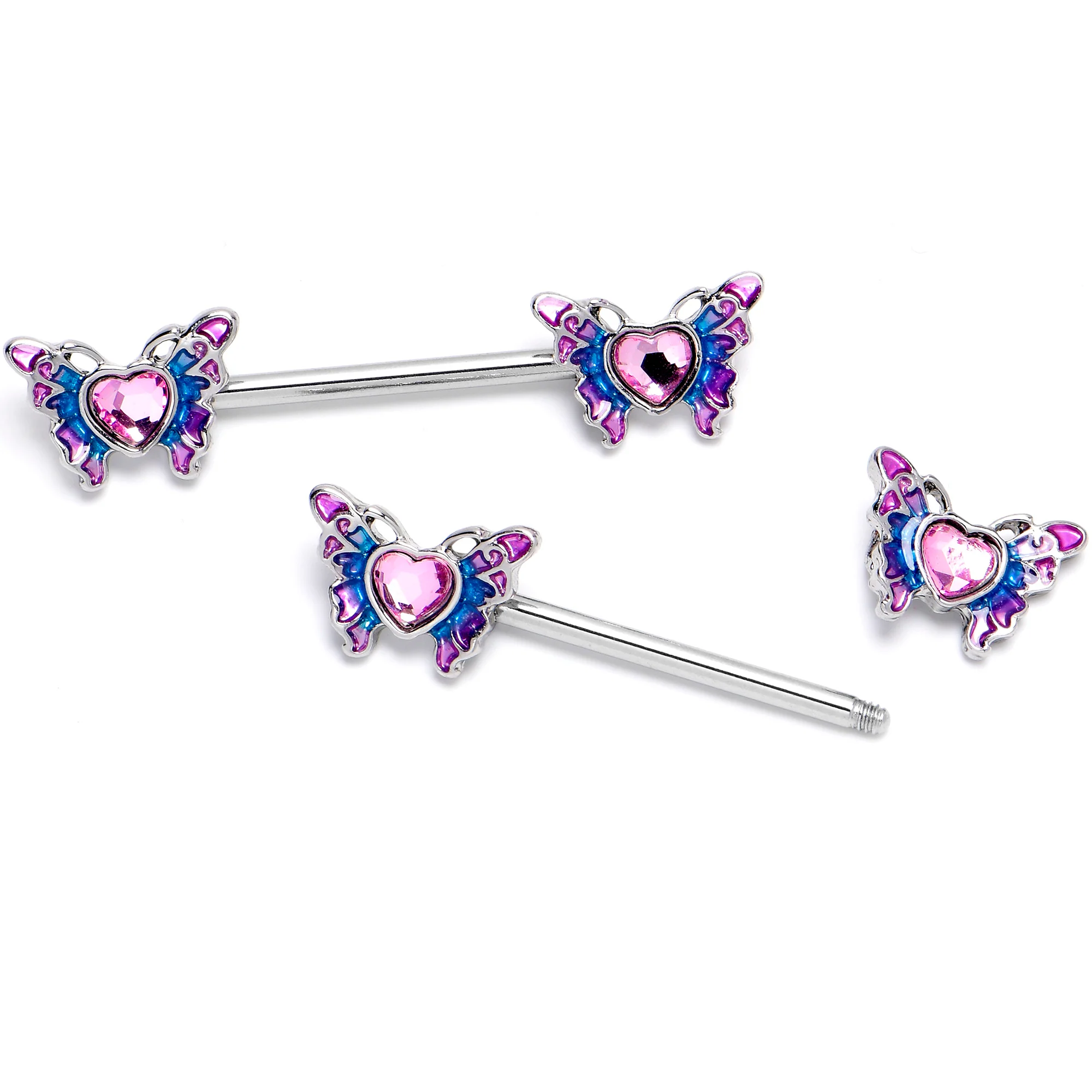 14G 9/16 Pink Gem Heart Butterfly Purple Barbell Nipple Ring Set - Image 3