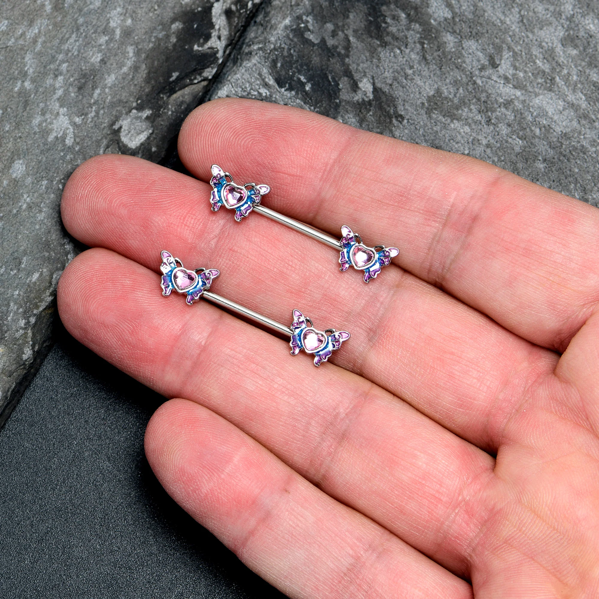 14G 9/16 Pink Gem Heart Butterfly Purple Barbell Nipple Ring Set - Image 4