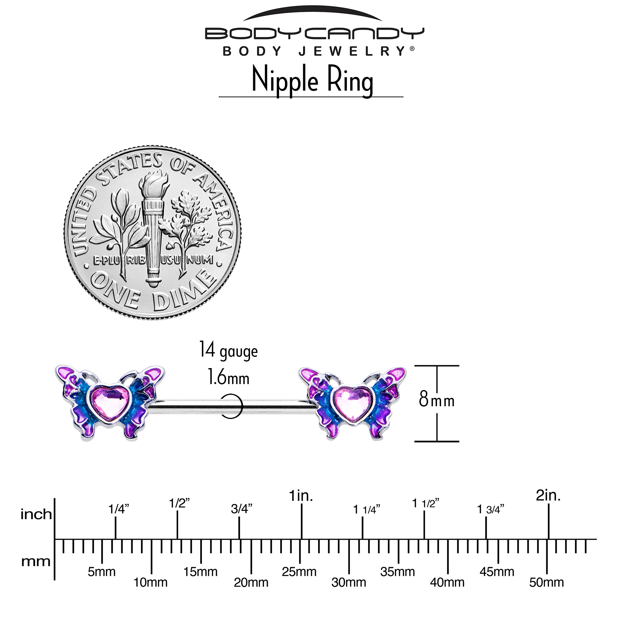 14G 9/16 Pink Gem Heart Butterfly Purple Barbell Nipple Ring Set - Image 5