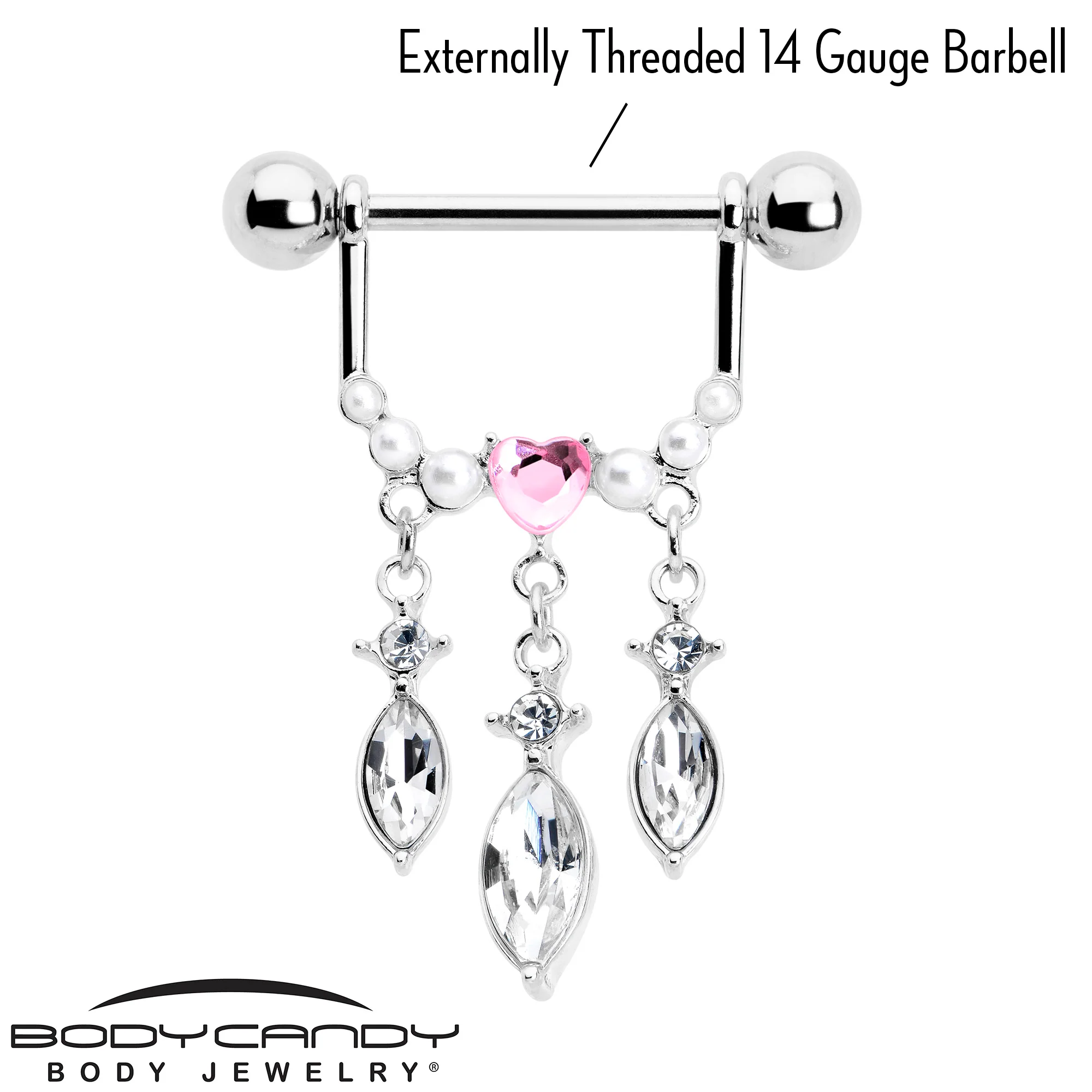 14G 9/16 Pink Gem Heart Triple Drop Dangle Nipple Ring Set - Image 3