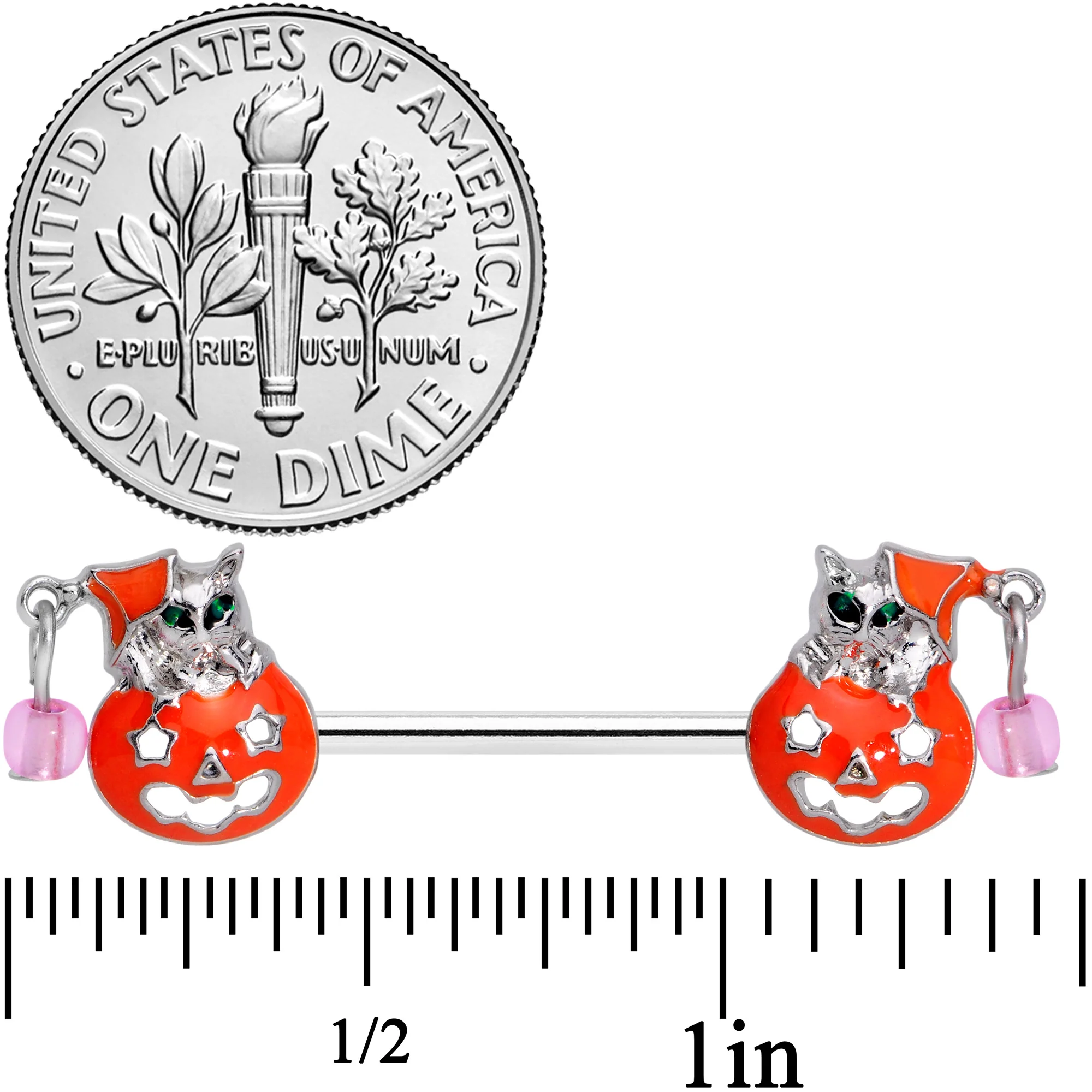 14G 9/16 Pink Gem Kitty Pumpkin Halloween Nipple Ring Set - Image 2
