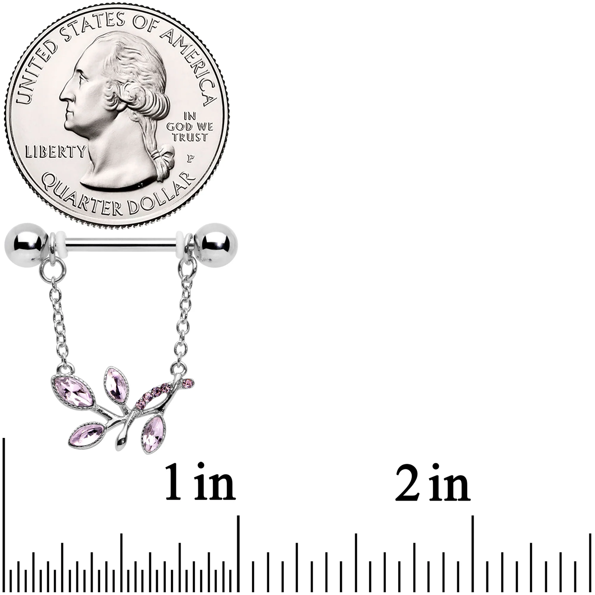 14G 9/16 Pink Gem Leaves of Love Chain Dangle Nipple Ring Set - Image 2
