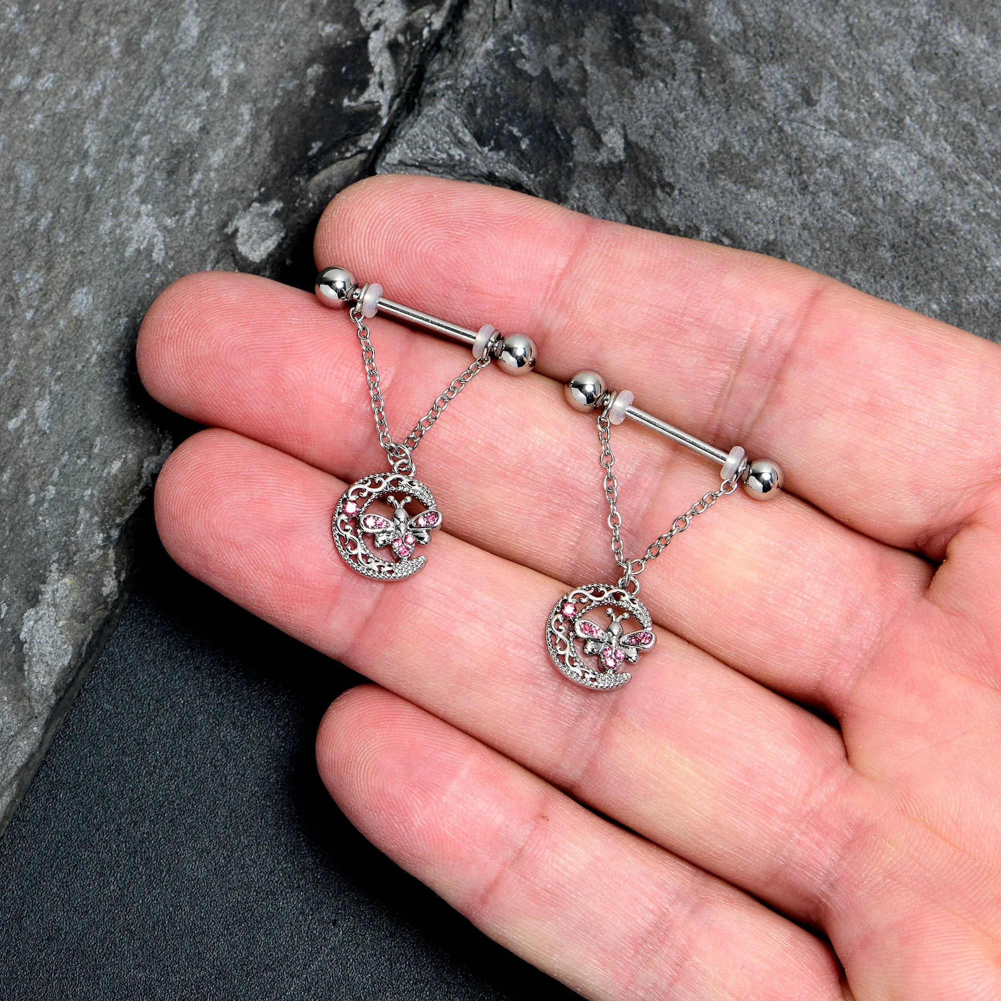14G 9/16 Pink Gem Lunar Dragonfly Chain Dangle Nipple Ring Set - Image 2