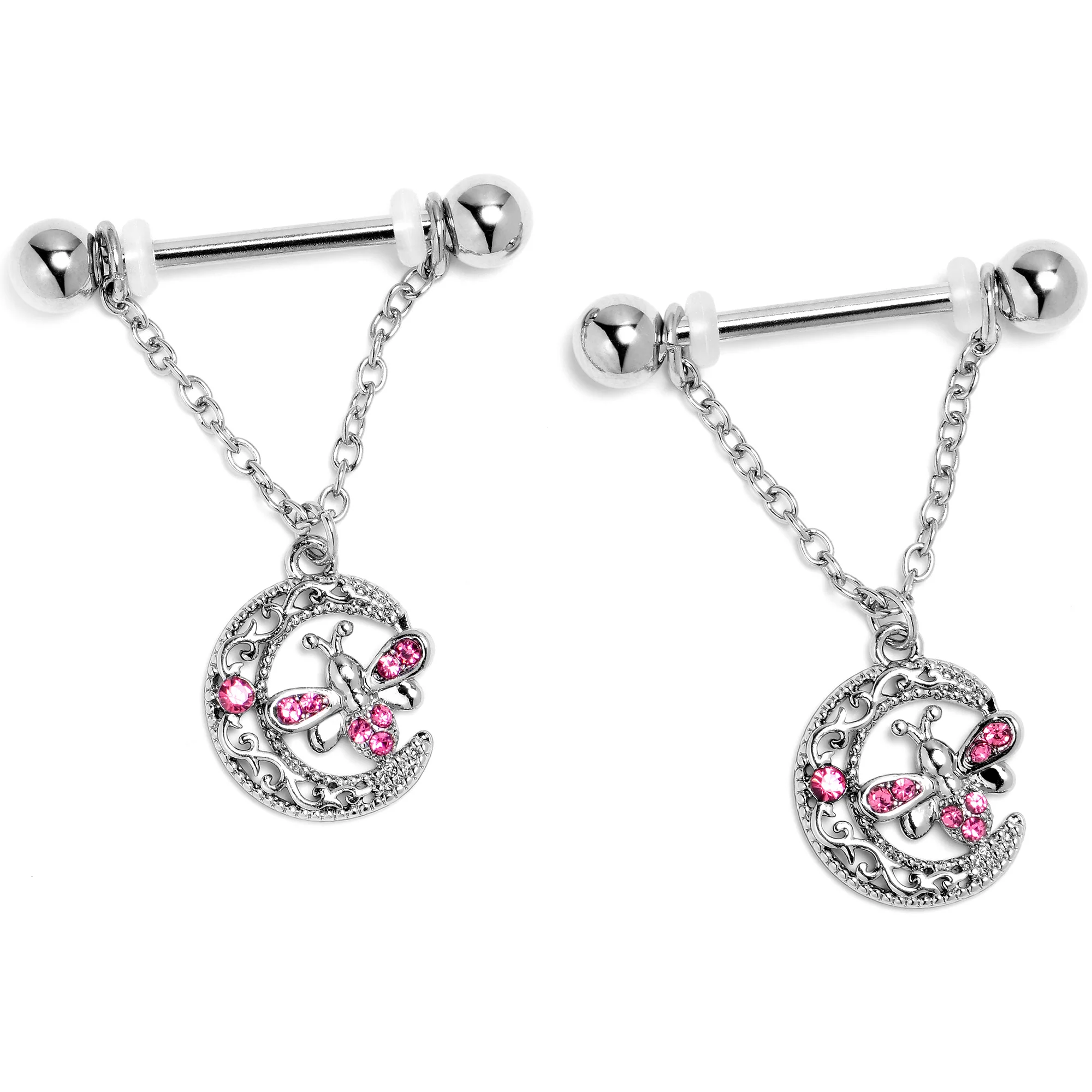 14G 9/16 Pink Gem Lunar Dragonfly Chain Dangle Nipple Ring Set - Image 3