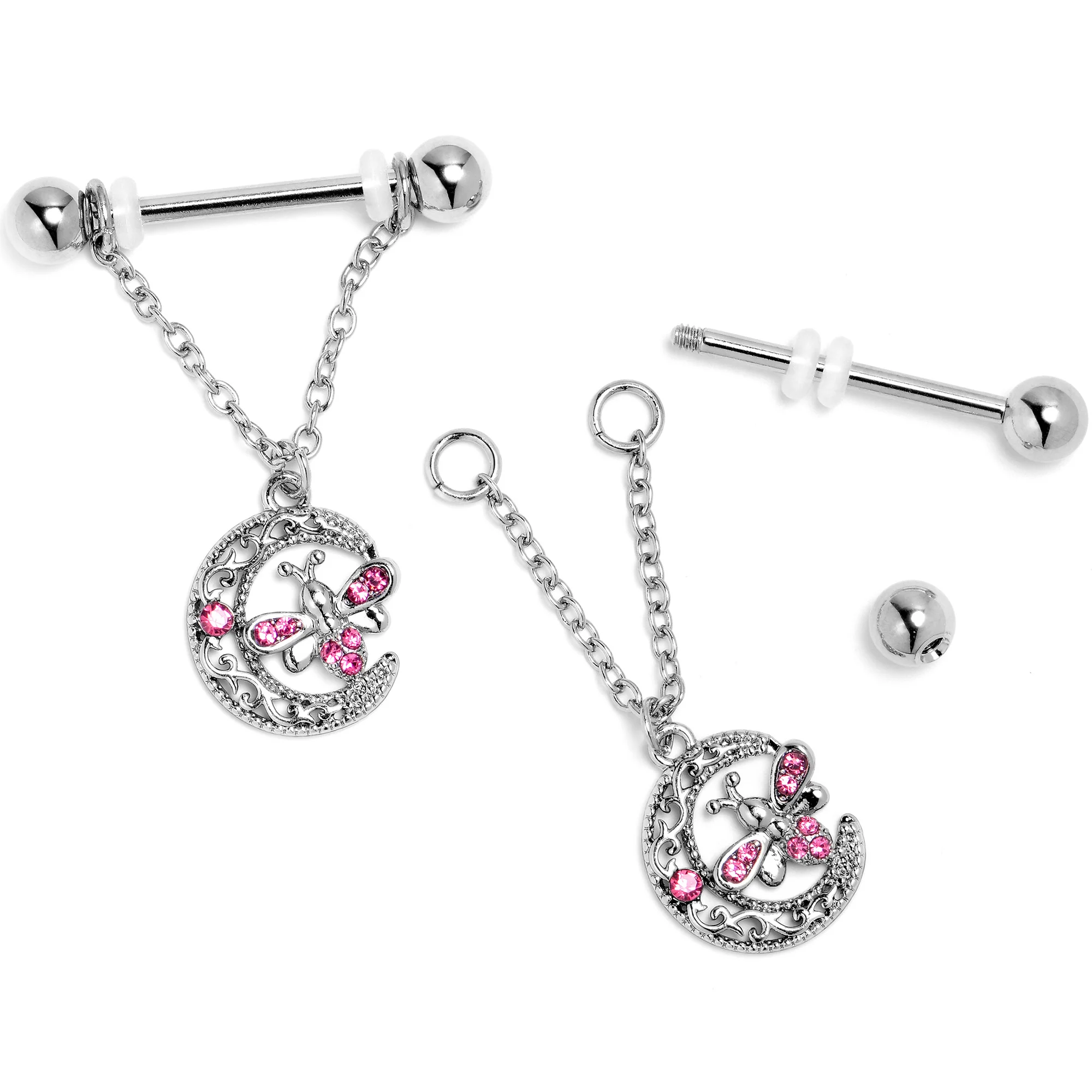 14G 9/16 Pink Gem Lunar Dragonfly Chain Dangle Nipple Ring Set - Image 4