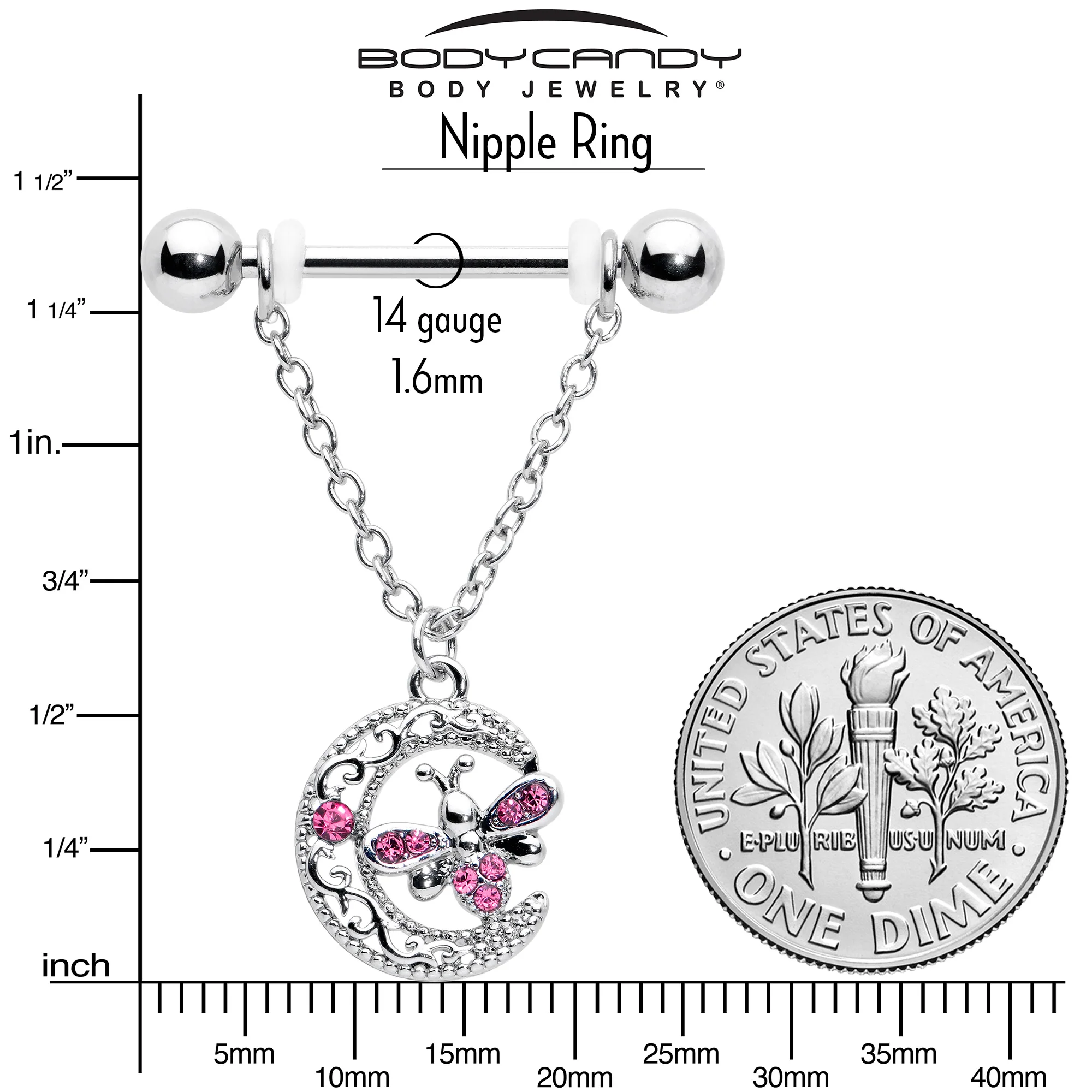 14G 9/16 Pink Gem Lunar Dragonfly Chain Dangle Nipple Ring Set - Image 6